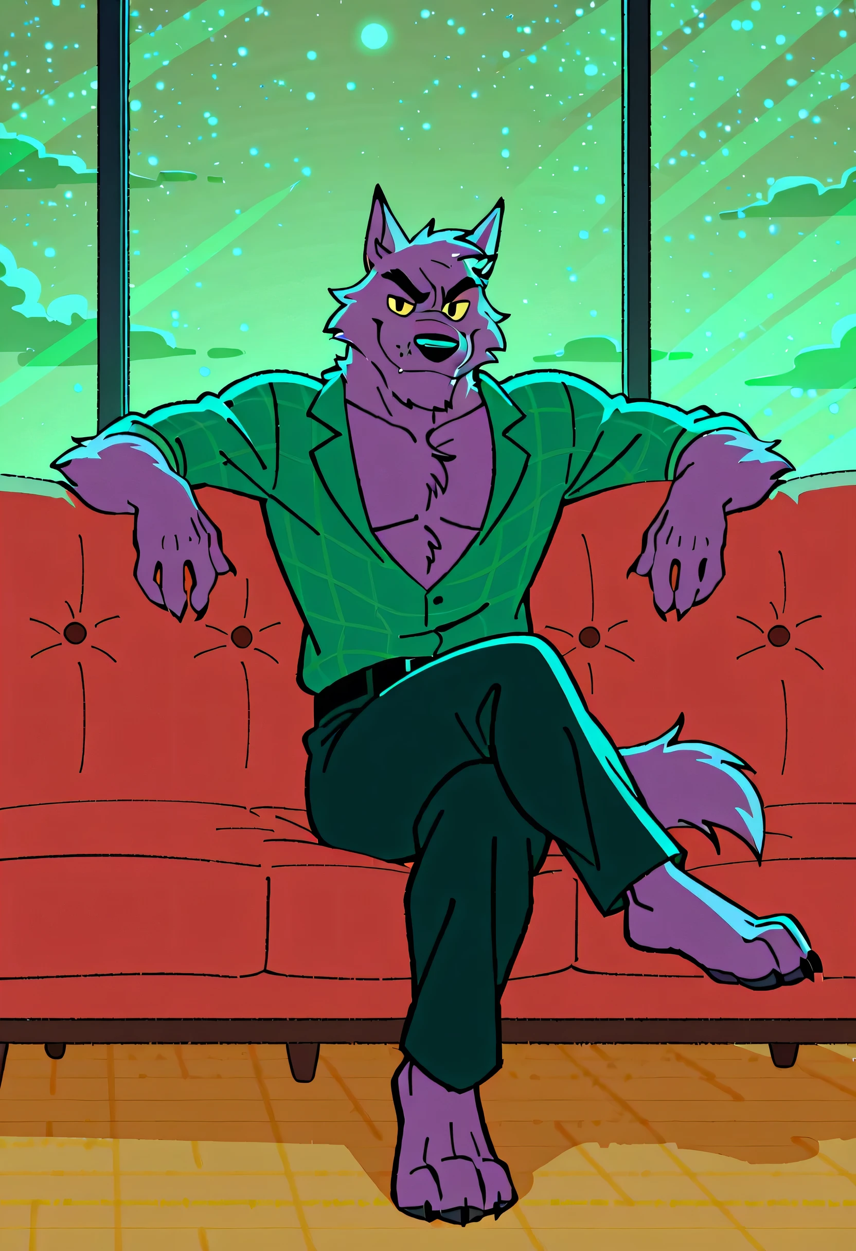 masterpiece, detailed, detailed eyes, detailed face, detailed hands, solo, adult male, bernard_mettle, werewolf, purple fur, yellow sclera, teal flannel shirt, furry chest, black belt, dark blue pants, barefoot, sitting in an couch with crossed legs, with both arms on the back of the couch, crossed legs, crossed legs with a leg positioned over and crossing their thigh, smirk, smug, arrogant, full-length portrait, night,