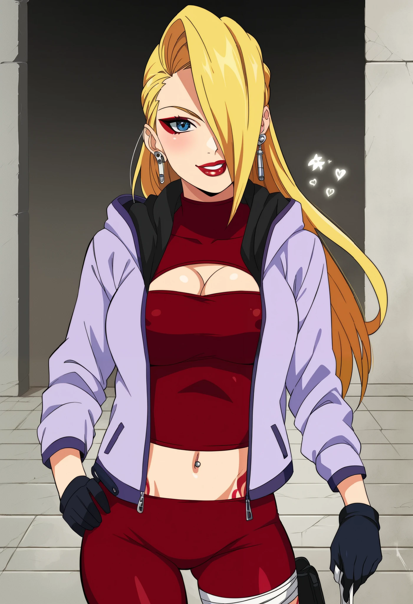 YodoBNNG, 1girl, solo, fair-skinned girl, blonde hair, long hair, unruly hair, hair between eyes, hair over one eye, large bang, dark blue eyes, lips, large breast, cleavage cutout, clothing cutout, jacket, half-unzipped hooded light purple jacket, dark red full-body suit, black gloves, earbuds, bandages around her ankles, bandages right thigh, makeup, thigh pouch,
seductive pose, sexy pose, tease, in the spotlight,,
smile,ruins,
score_9, score_8_up, score_7_up, beautiful aesthetic, very intricate, high quality details,vibrant, highly detailed, award-winning, professional,anime artwork, anime style, studio anime, athletic, curvy body, athletic girl, perky ,large breast,perfect , round breasts, nipple outline,looking at viewer, pinup pose,teasing, dynamic lighting, cinematic, smug, better than you, aura of temptation, highly detailed, high resolution, masterpiece, detailed clothes, detailed background, highly detailed, ((sound effects)) comic layout, , ear piercing, long hair, blush, lipstick,Hot girl, baddie, smoking, sensual, attractive, midriff, , evil expression, exposed belly, exposed navel, exposed midriff, exposed lower belly, bellybutton , cleavage,, japanese architecture, temple, ,dragon tattoo, narrowed eyes, tattoo midriff,