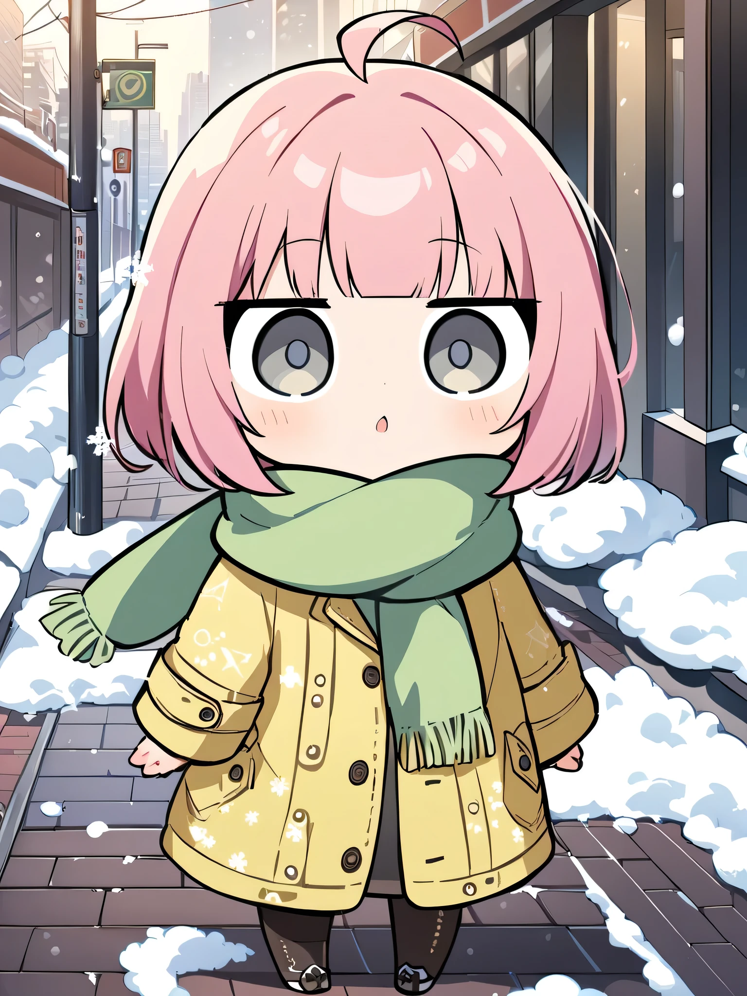 Tokyo sidewalk, looking up at the sky, winter scene, ((chibi style)), ((fullbody)), Source Anime, (Masterpiece), (Best Quality), (Very Detailed), ((Cute)), (Amazing), (Detailed)), 4K, (8k), Highest Quality, (beautiful), perfect anatomy, ((perfect hands)), (perfect fingers)
ultra-definition depiction,
break
1girl, chibi style, cat costume, , short hair, quick bangs, round face, jitome, ahoge, pink hair, grey eyes, hair bow, cute eyes, jirai, natural make up, ((scarf)), winter coat, ((yellow and yellow-green themed clothing with white lines))
BREAK
snow, winter atmosphere, cityscape, ((A chibi-style girl is standing on a Tokyo sidewalk, looking up at the sky)), snowflakes falling gently