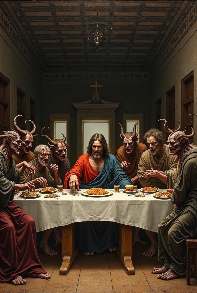 the last supper images with
 satanwtih horn, lucifer, jesus, alien with big eyes, grey skin, angel with wings, demon, with weeds and battle of alcohol and the table , the background is the bacground to the last supper