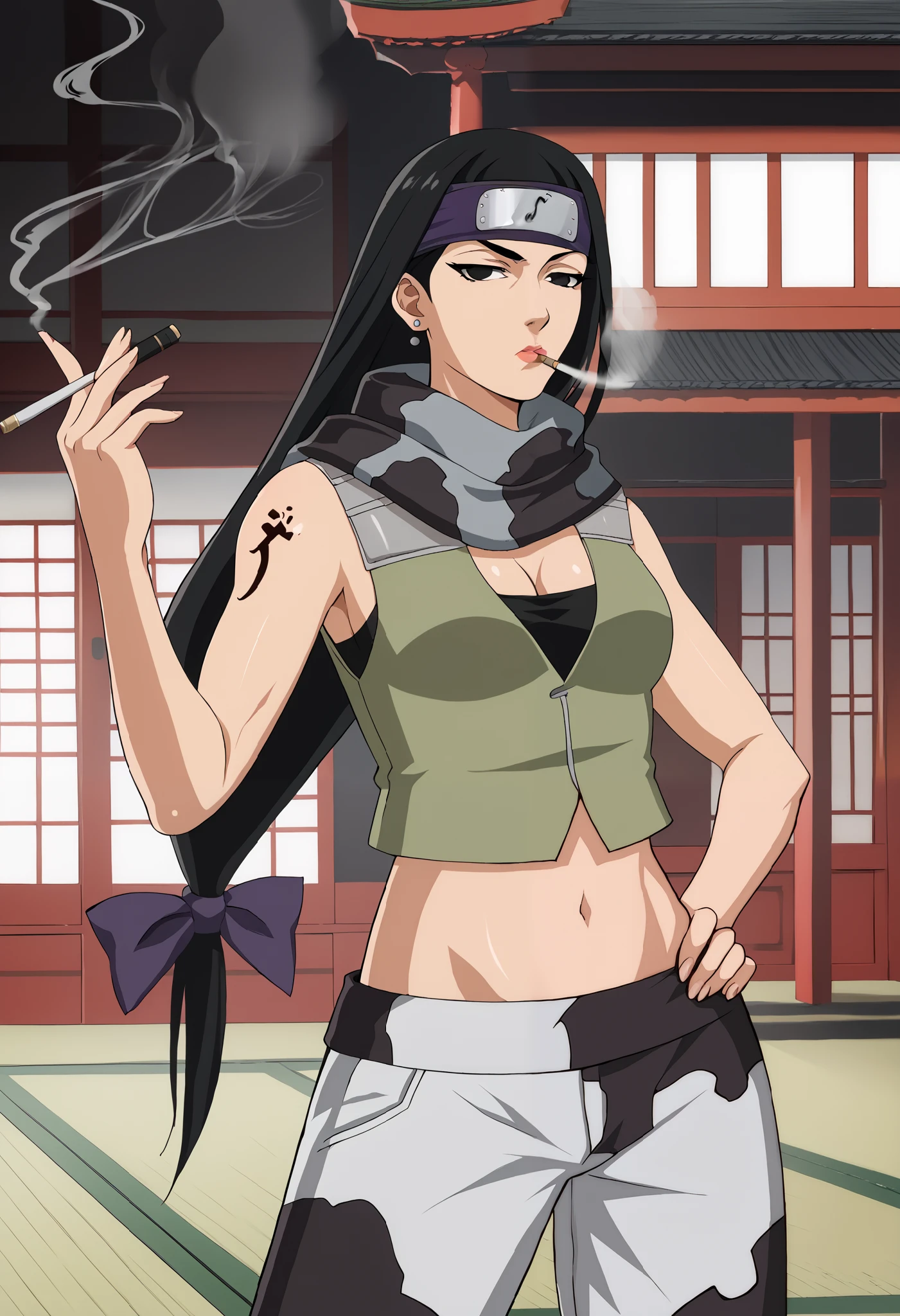 score_9,  score_7_up,  1girl, solo, kin tsuchi, black hair, low-tied long hair, black eyes, forehead protector, hair bow,  green vest, grey scarf,  camouflage pants, ,, ear piercing, long hair,, lipstick,Hot girl, baddie, smoking, sensual, attractive, midriff, , evil expression, exposed belly, exposed navel, exposed midriff, exposed lower belly, bellybutton , cleavage,, japanese architecture, temple, ,dragon tattoo, narrowed eyes, tattoo midriff,