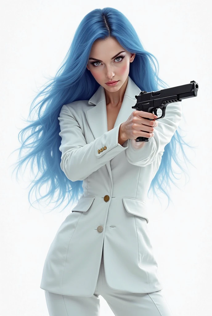 Action scenes in Western movies, Blue-haired Alyssa White-Gruz, Wearing a white trench coat, Shirts and cowboy hats walk into a salon with a pistol ((pointing at viewers)). full bodyesbian