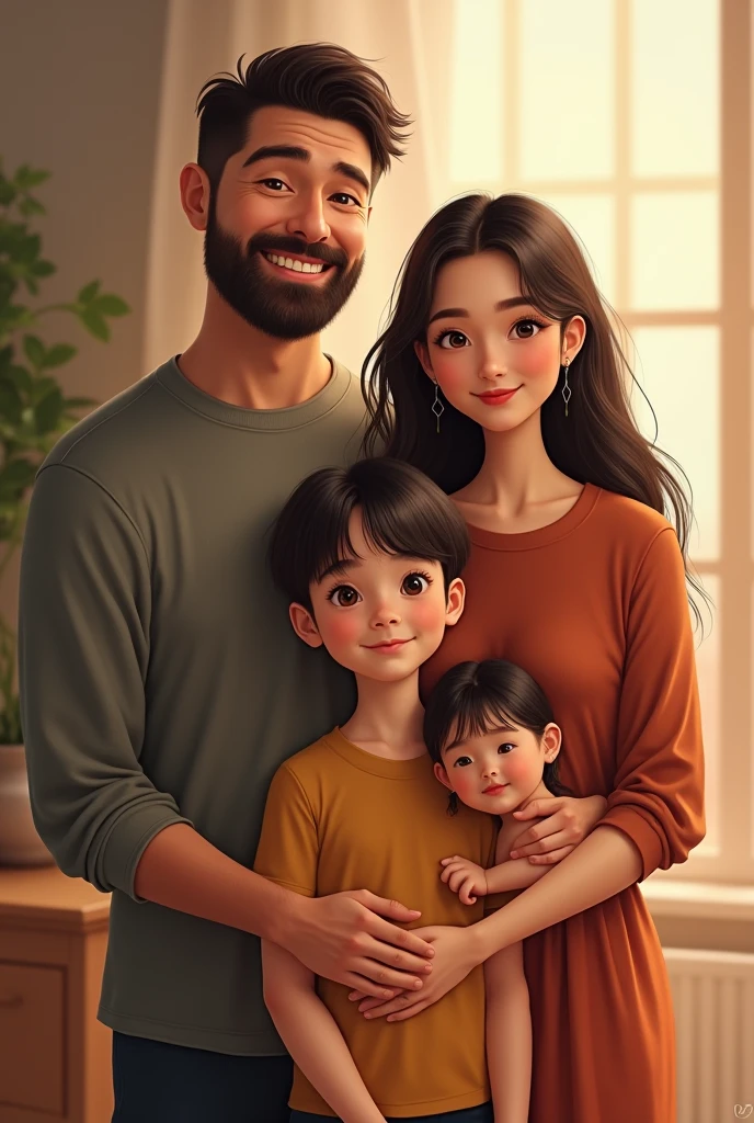 A man with a beard and short hair, a woman with Chinese-like eyes, and a boy in the middle