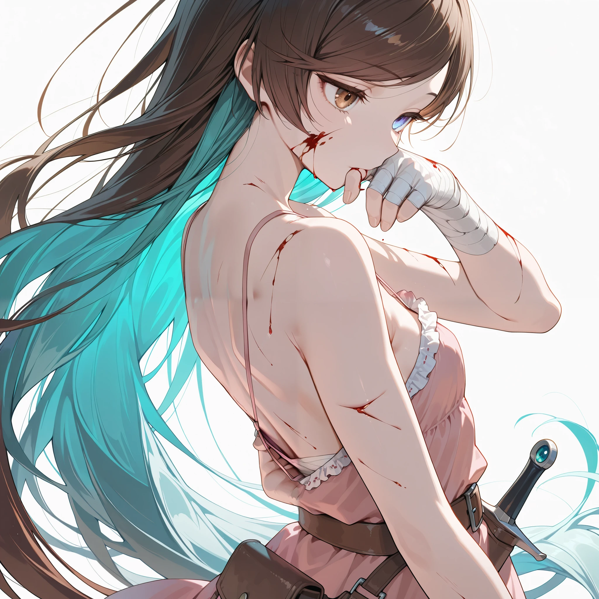(masterpiece:1.2, Best Quality), (finely detailed beautiful eye: 1.2), (beautiful detailed face), close up, solo, thin girl, thin arms, from side, swept bangs, multicolored hair , brown hair , lifeless eyes, cuts, bruises, bloody wounds, teal hair , very long hair , swept bangs , heterochromia: one brown eye, one pink eye , blood on face ,bandaged torso, bloody wounds, wiping mouth with back of hand , thin , small breasts , bare shoulders , bare back, pink sundress , bandaged hands , cuts , bruises , spaghetti strap sundress , backless sundress, sundress with white frill trim , brown belt , dagger sheathe attached to belt , white background, simple background,