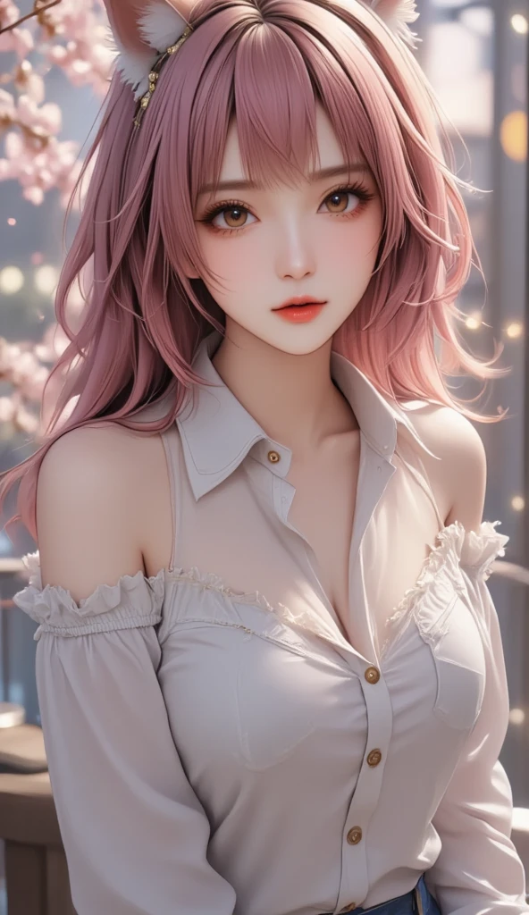 ((Highest quality, 8k, masterpiece :1.3)), (Sharp focus :1.2, Beautiful woman with perfect figure :1.4, Slim Abs), ((Big Breasts, Emphasize cleavage:1.2)), (Photorealistic:1.4), (realistic:1.4), (Pink Hair:1.5), Highly detailed face and skin texture, Fine grain, double eyelid. Makeup face, A little bit of lipstick, sex appeal, Sexy gravure pose, ((Yellow checked skirt and white blouse、The background is a row of cherry blossom trees、A high school girl smiling lightly、Heart Necklace。:1.3)