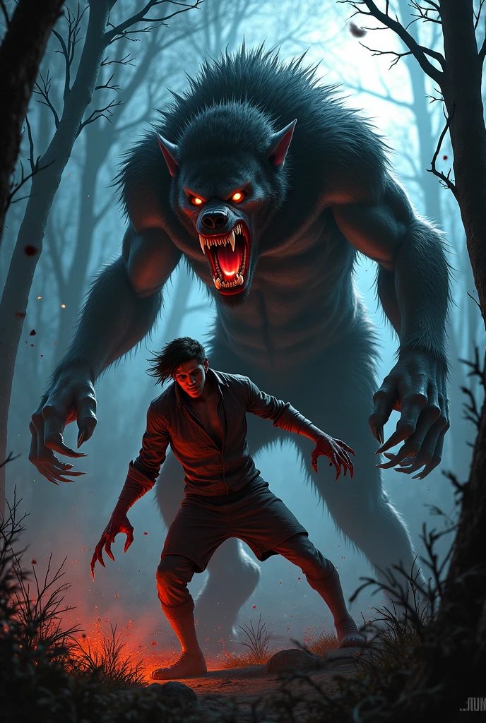 a very tall and muscular lumberjack with a, big beard and a red plaid shirt , blood on lips, scar on right eye,  he fight with a gigantic dark creature with horn and red eyes, scenery fight, Village scenery in flames. 