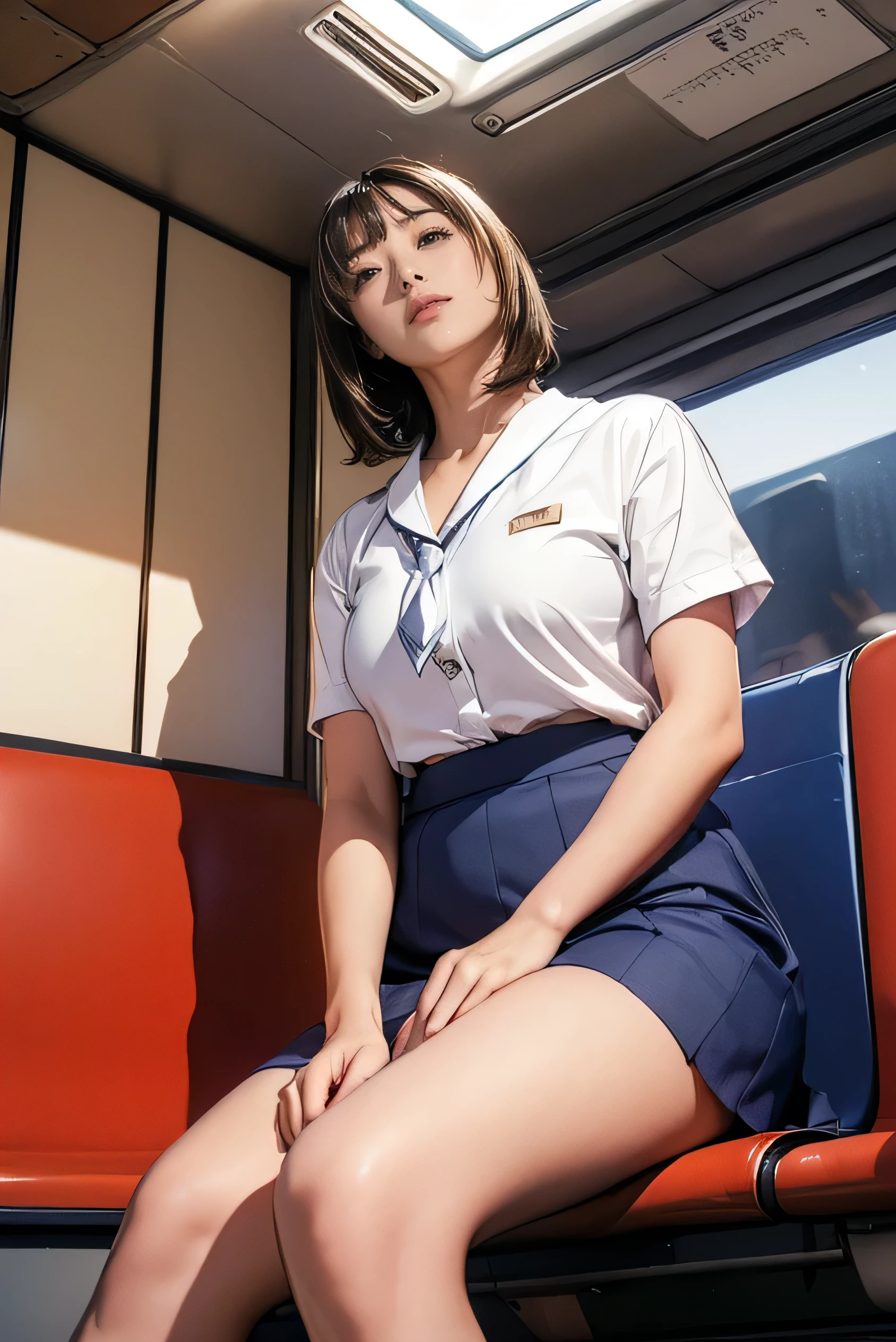 ((Best Quality, 8k, Masterpiece: 1.3)), Focus, 1 japanese girl, 19 years old, Perfect Body Beauty, ((Random Haircut, Breasts)), (white school shirt, dark blue short skirt) , ((sitting facing forward in a train seat, Japanese train)), japanese school uniform, (((white pantie that can be seen through gap between her legs))), Highly Detailed Face and Skin Texture, Whitened Skin, low angle