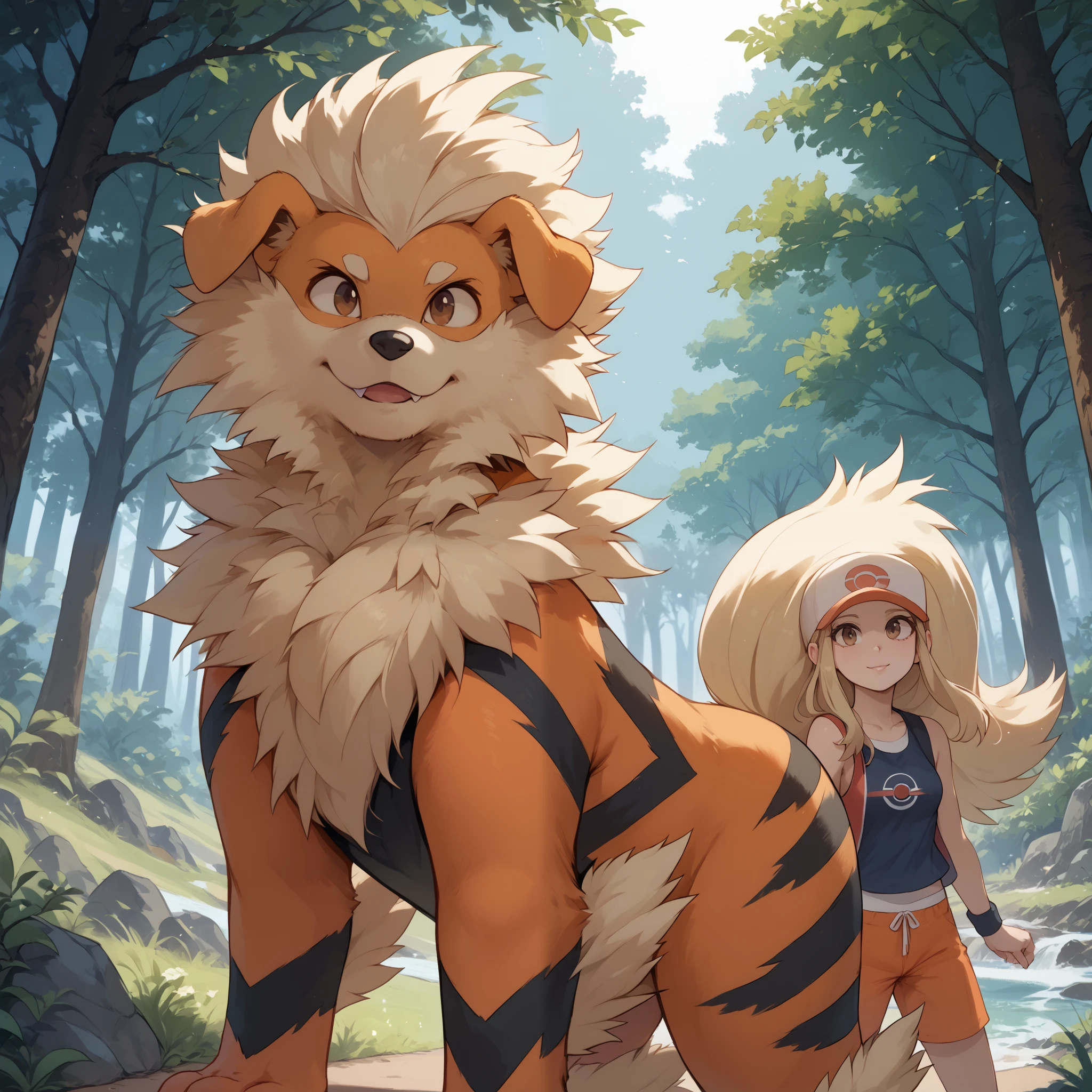 (Masterpiece) (High Detail) (High Res) A curvy slim Humanoid canine female with pale human skin and brown eyes and long blonde straight hair and fluffy blonde floppy golden retriever dog canine ears and a long fluffy blonde golden retriever dog canine tail and medium breasts. She is dressed as a Pokemon Trainer and is stood next to a huge Arcanine Pokemon Canine Pokemon. Size Difference. Large Pokemon. Orange Canine Arcanine Pokemon Species. They are both stood in a forest. Trees. Human and Pokemon. Trainer and Pokemon.