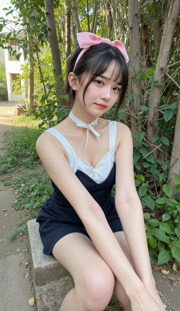 Photo quality,Masterpiece,Realistic,(14 year old cute Japanese girl:1.9),(Detailed young face:1.9),(Very embarrassed look:1.9),(Angle from below,Thin legs:1.9),(Wearing black Gothic Lolita fashion:1.9)(Adult video package shoot:1.9),(Posing to seduce men in the park,Inner thigh visible:1.9),((Droopy eyes:1.9)),((Body type of a 14 year old girl,Small Tits:1.9)),(Cute school girl hairstyle:1.9),((Skinny Legs)),Very pale skin,Show your forehead,Detailed body,Detailed hands,No makeup