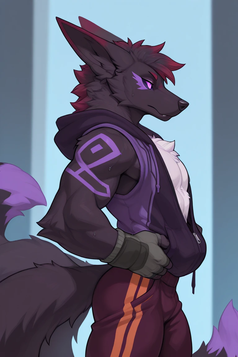masterpiece, top quality, best quality, highly detailed, 8k, super high resolution, absurdres, perfect anatomy, ((highly detailed beautiful face and eyes)), solo focus, dynamic angle, side view, ((furry female anthro)), (adult), (((furry dark blue wolf body))), (wolf snout, detailed dark blue fur), ((wolf tail)), (exposed midriff), purple eyes, ((short hairstyle, dark purple hair)), ((medium breasts, defined abs, defined butt)), (((sad expression, frowning))), (((purple jacket))), (((green shorties))), ((carrying flashlight)), (dark surroundings, ventilation duct, electrical socket)