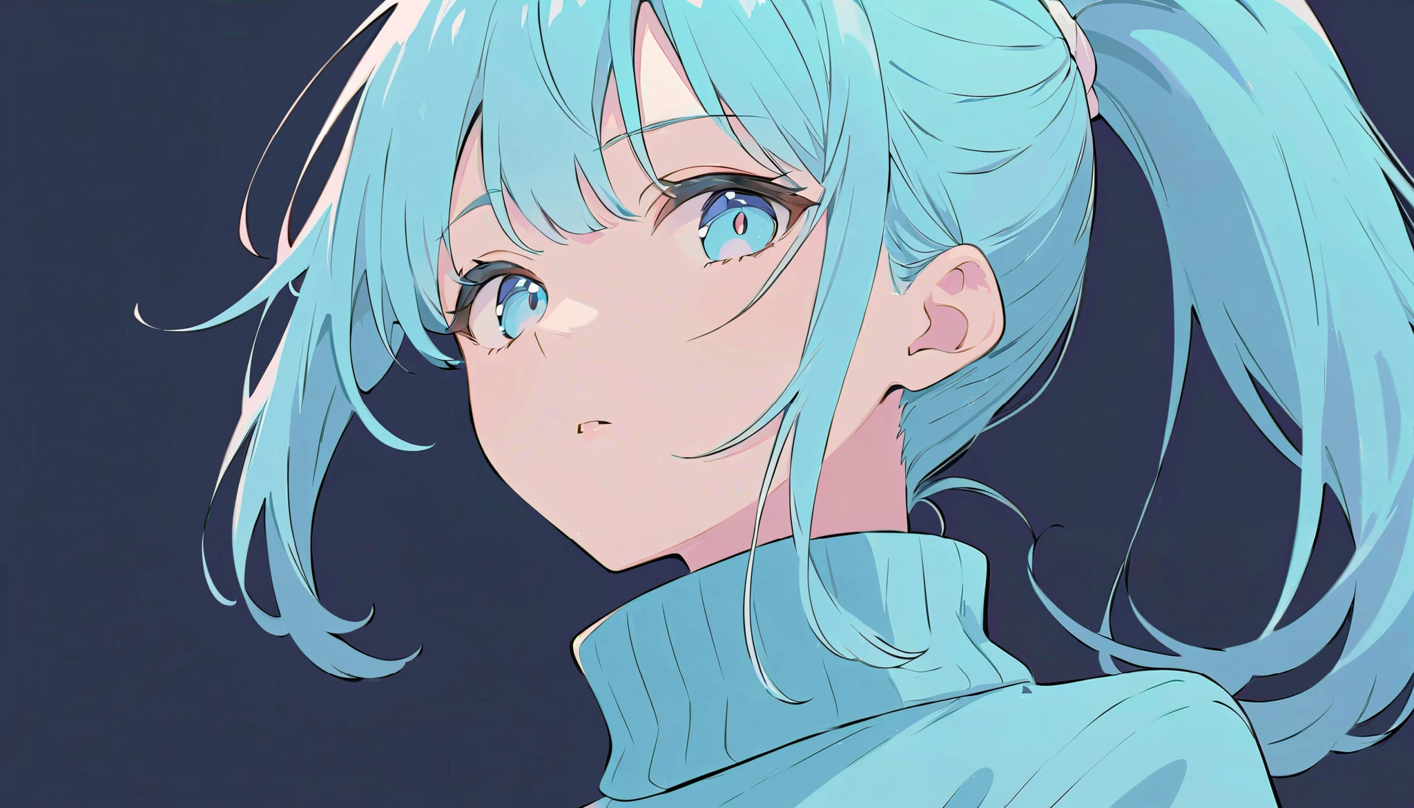 flat color,
1girl, solo,
light blue hair, ponytail, light blue eyes,
Calm, upper body, from below,
turtleneck sweater,
simple background, dark background,