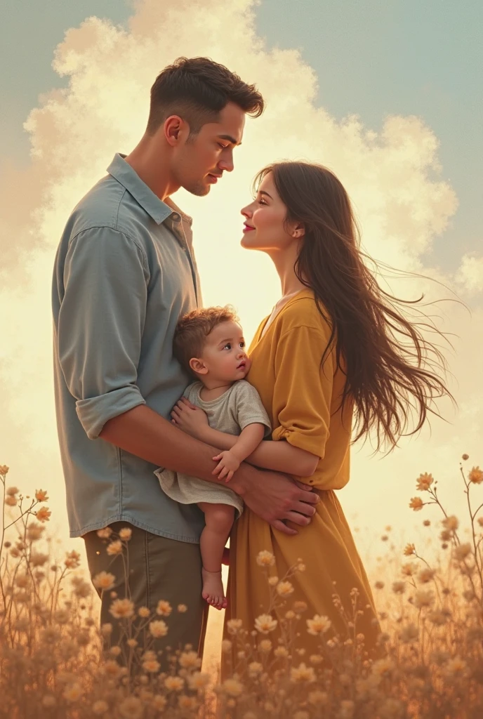Meadows under blue sky and white clouds,A dad and a mom with a little boy and a little girl