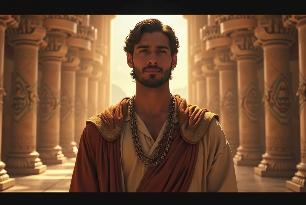 A young, handsome Stoic philosopher with a well-proportioned and attractive physique, sun-kissed skin, very short and well-trimmed beard, and wavy, well-styled hair. He is dressed in classic tunics in soft earthy tones - gray, brown, and olive green - with subtle gold and copper details. The scene shows him actively disengaging from a group of shadowy or distorted figures representing negative influences. This could be depicted through him turning away from or walking past these figures in a setting that contrasts the negativity, such as a more vibrant and open area. His expression should reflect determination and resolve to move away from these toxic relationships, symbolizing a commitment to surrounding himself with positive influences.