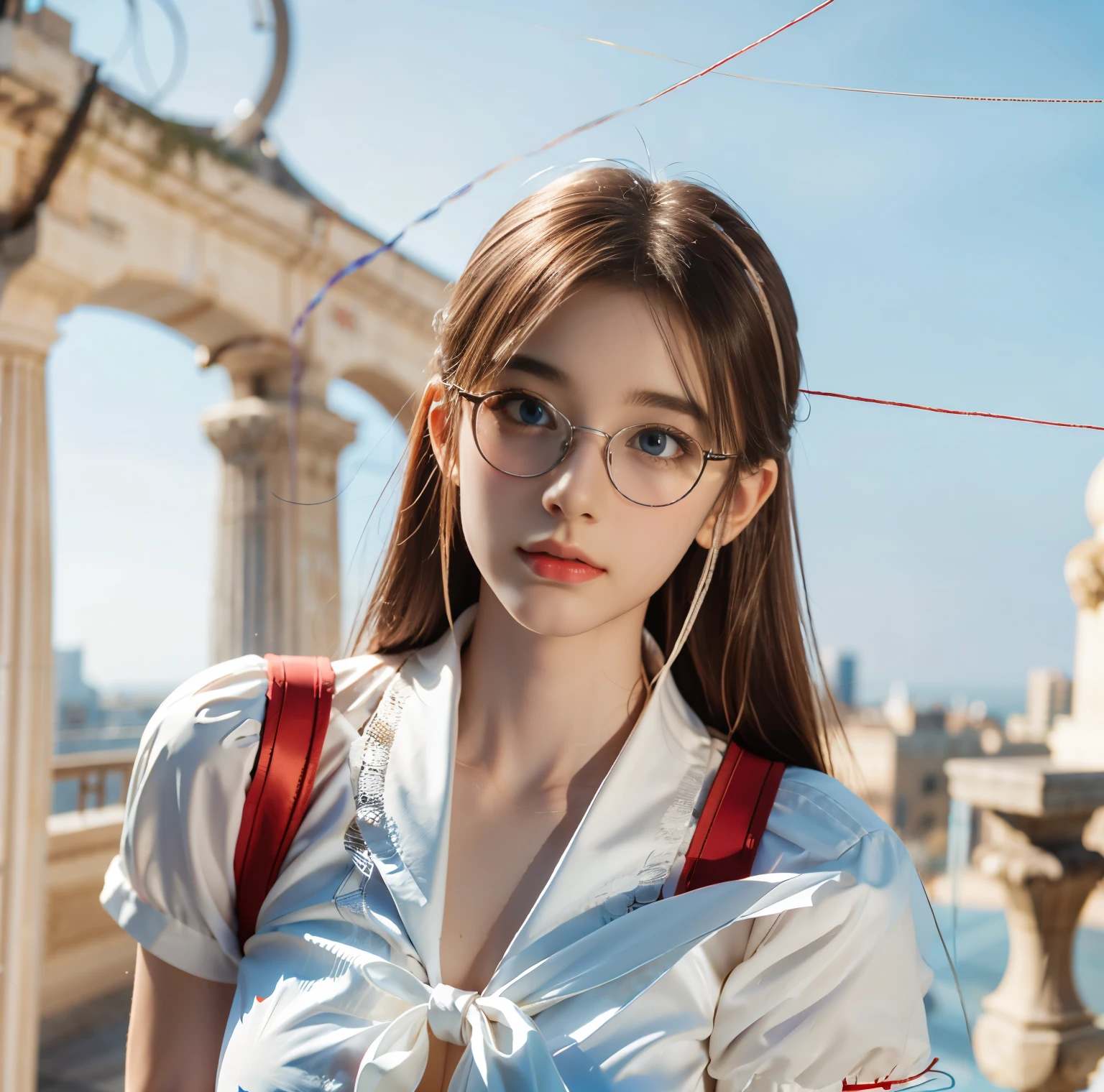 8K quality, pictures, Two beautiful men and beautiful women, Beautiful like a goddess, people are hazy at the Great Library, above chest shot at the ruins, (White blouse with red thin string ribbon tie:1.2), (Fine silver glasses), (Sparkling, beautiful light blue eyes and blond hair:1.2), Hair flying in the wind, Whitening skin like white porcelain, Half Up with Bangs, On the roof, extremely beautiful eyes, real, Photograph,