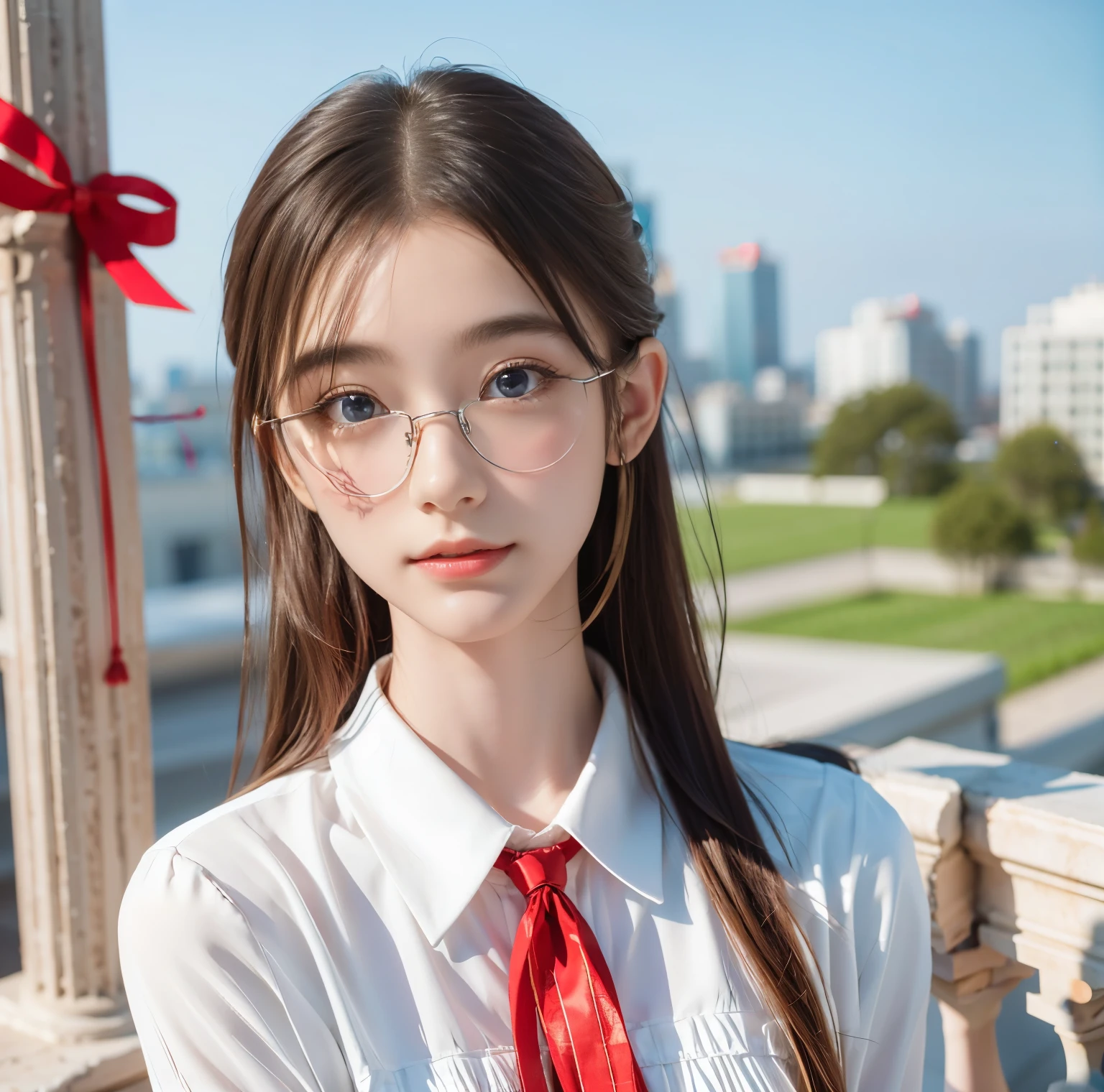 8K quality, pictures, Two beautiful men and beautiful women, Beautiful like a goddess, people are hazy at the Great Library, above chest shot at the ruins, (White blouse with red thin string ribbon tie:1.2), (Fine silver glasses), (Sparkling, beautiful light blue eyes and blond hair:1.2), Hair flying in the wind, Whitening skin like white porcelain, Half Up with Bangs, On the roof, extremely beautiful eyes, real, Photograph, 