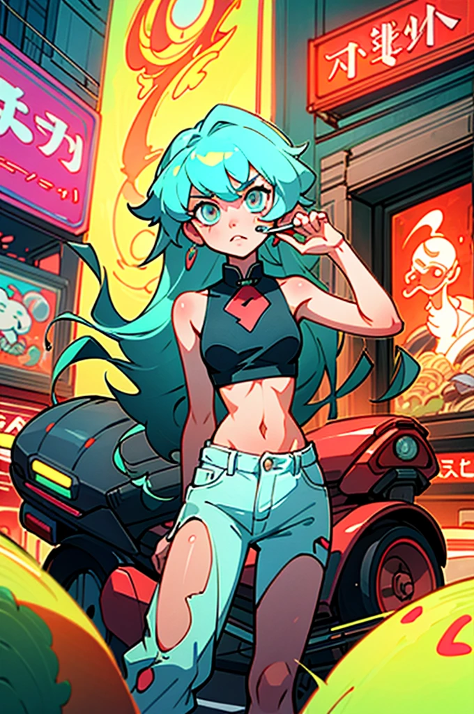 (best quality, masterpiece), 1girl, holo jacket, cyberpunk, neon, fog, (cartoon: 1.5), thong, tight, small, neon signs, ramen shop, fishnet very low, transparent, very long hair, from the back,
