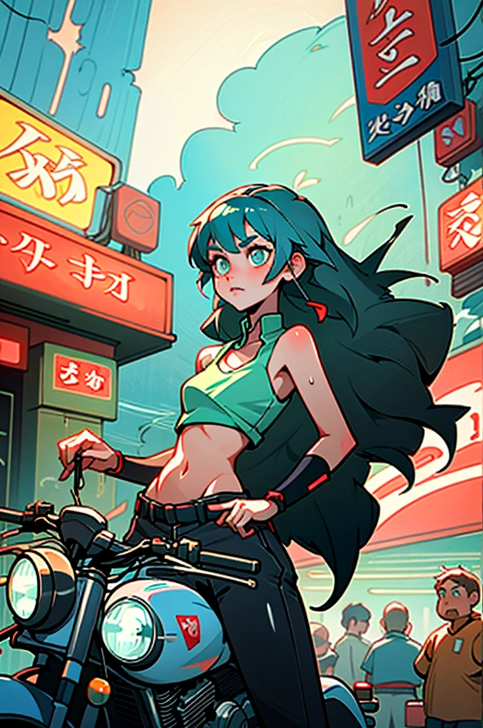 drawing of a woman in a yellow bikini next to a traffic light, some red and purple and yellow, some red and yellow, inspired by Tadanori Yokoo, digital art. colorful comic, [ digital art ]!!, [ conceptual art ]!!, colored sketch anime manga panel, biomechanical oppai, comic digital art, digital art!!, lowres