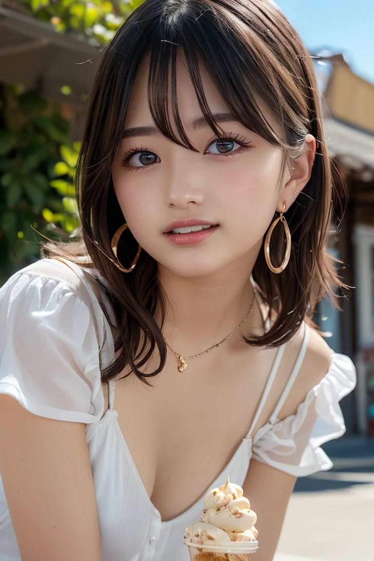 (8k, highest quality, masterpiece:1.2), (Real Stick, Photorealistic:1.37), unit, Very delicate and beautiful, Very detailed, Amazing, Exquisite detail, masterpiece, highest quality, Official Art, disorganized person, Unbelievably absurd, Beautiful single girl, Facial Light, Red nose, ((One Girl)), Red lips, short hair, Beaver_cut, Straight Hair, necklace, Earrings, Mid-breasted, Cleavage, Glowing Skin, Outdoor, Professional Lighting, Detailed Shadows, ((show off nipples under white shirt))