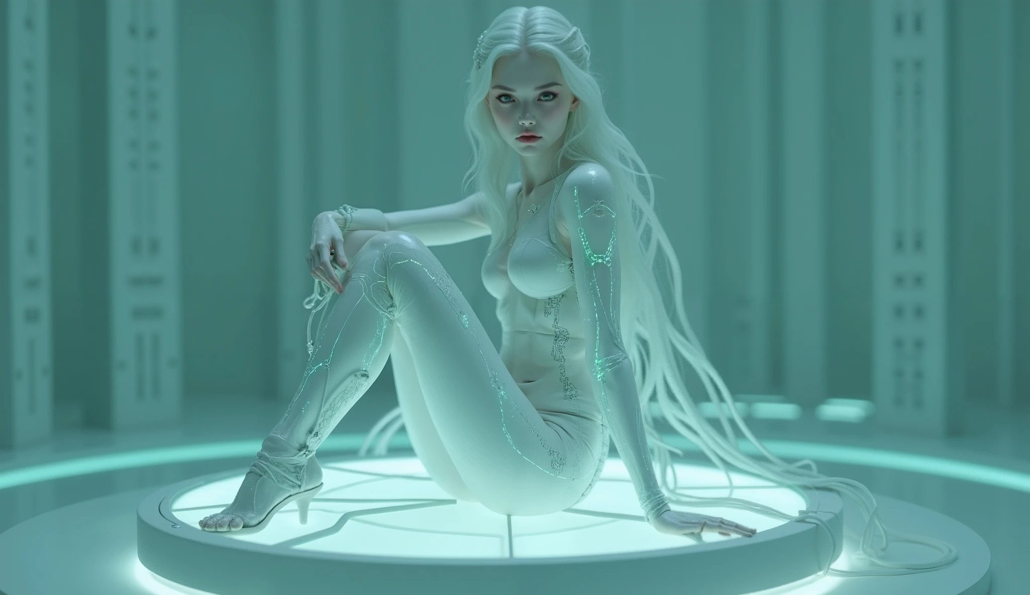 A futuristic albino female cyborg sitting while holding one of the leg, on a minimalistic circular platform in a dim light cybernatic lab. She has an elegant yet synthetic appearance, with smooth, pale white skin. Her body seamlessly integrates cybernetic components, with thin, glowing green circuitry lines running along her arms, legs, and torso, connecting to transparent, glass-like panels embedded in her body, revealing complex mechanical structures inside. Her eyes are a striking shade of pink or icy blue, reflecting her albino genetics, and her slicked-back, platinum-white hair has a subtle metallic sheen. She has a calm and mysterious expression, exuding an ethereal and futuristic beauty. Her biomechanical sandals complement her sleek design, blending human aesthetics with cybernetic perfection.