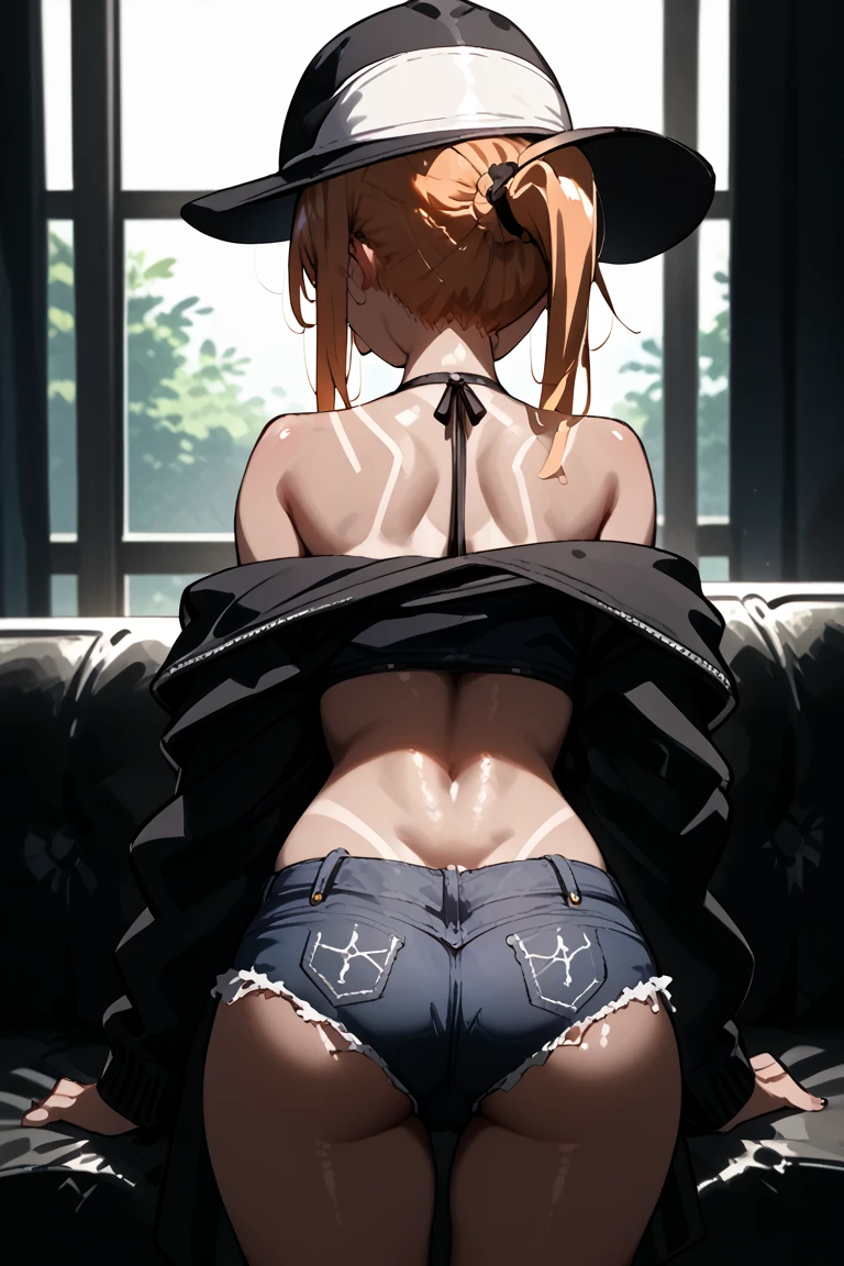 masterpiece, best quality, HuTaoV4, 1girl, solo, long sleeves, hat, jewelry, full body, (swim suit: 1.2), black headwear, gradient hair, hat flower, Taisho era, rear view, shows ass, butt