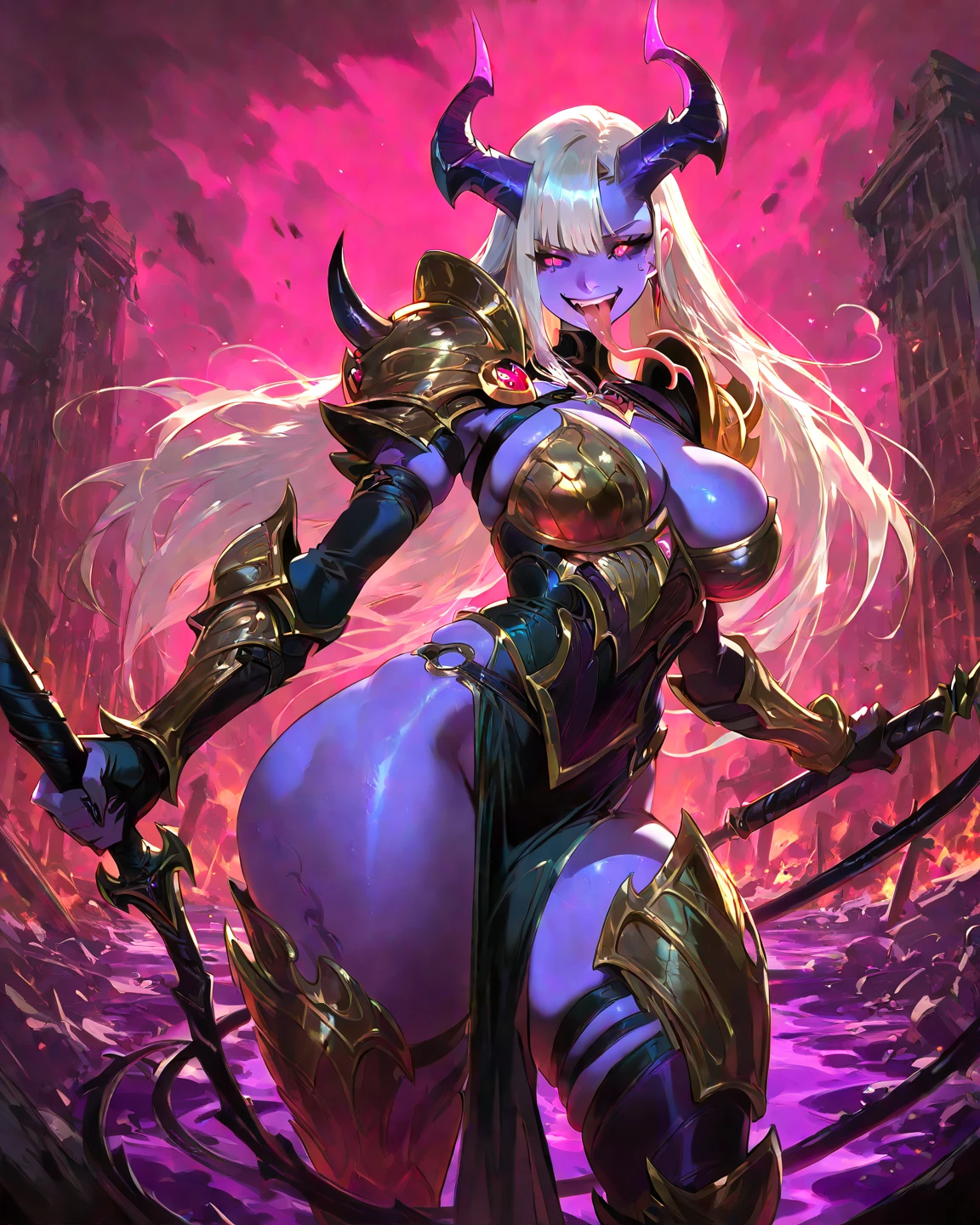 ((Highest quality)), ((masterpiece)), (detailed), (Perfect Face)、The woman is a sexy devil with jet black skin、The woman is a jet-black female demon straddling the Demon King and having sex with him, inserting his penis into her pussy and ejaculating a large amount. She has magnificent demon horns, jet-black wings, and a jet-black tail. Her skin is jet-black and she is a naked jet-black demon named Princess Leona. She has medium-long light brown hair, and is a demon in both body and mind. She has the expression of a maiden in love.、The woman is having sex with her beloved husband, the dignified and powerful demon king, straddling him and inserting his penis into her pussy, resulting in a large amount of .