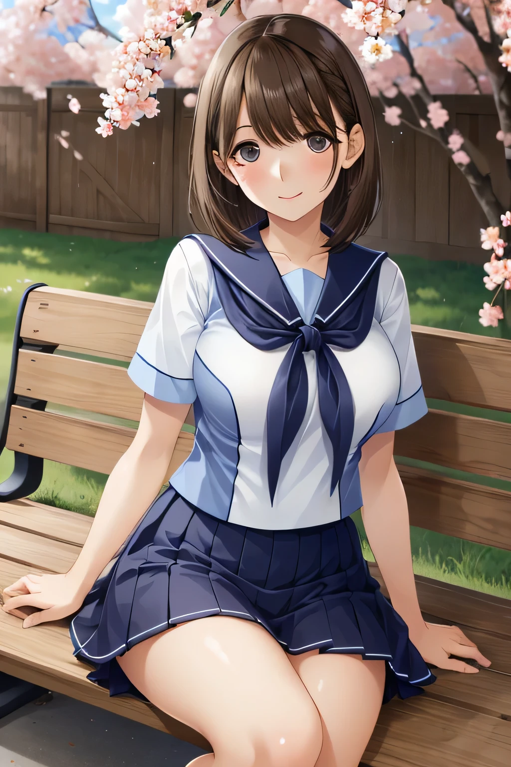 1girl, shiny hair, Light brown hair, short hair, brown pretty eyes, Sparkling Eyes, short sleeve white sailor suit, navy blue mini pleated skirt, Bare thighs, Large Breasts, sweat, A gentle smile with warm, kind eyes, Sitting on a bench, patting a viewer, at schoolyard with cherry blossoms in bloom, Soft and warm, highlighting her gentle aura, (extremely detailed , masterpiece , high resolution , absurdres , 4K)