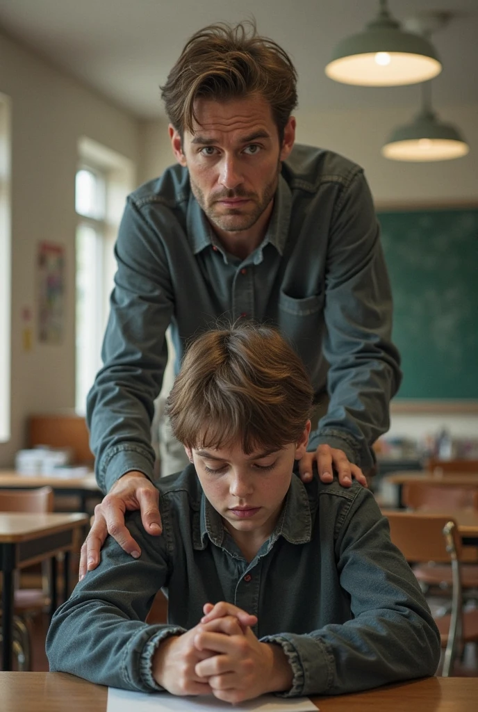 The teacher is standing in the foreground, with the blackboard behind them. A 1 boy in a school uniform is sitting at a desk in a classroom. The boy is facing the teacher but looks anxious and distressed, clearly unable to focus on the lesson.