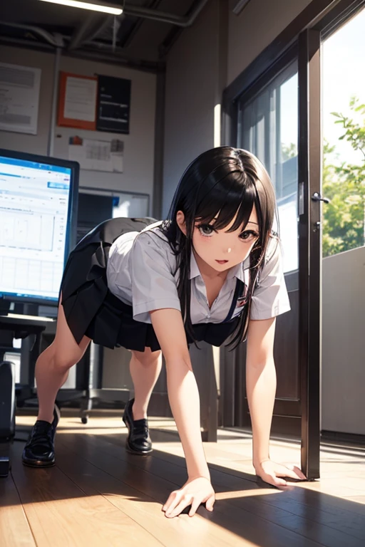 masterpiece, best quality, highres, HDR, 8k, a very beautiful japanese girl sucking penis at office, (sucking penis:1.5),(blowjob:1.5),sitting chair,black hair, white shirt,mini skirt,bangs, man's lower body, fullbody,(cowboy shot:1.2),(from side:1.1),(facial:1.8),(cum on face:1.8),