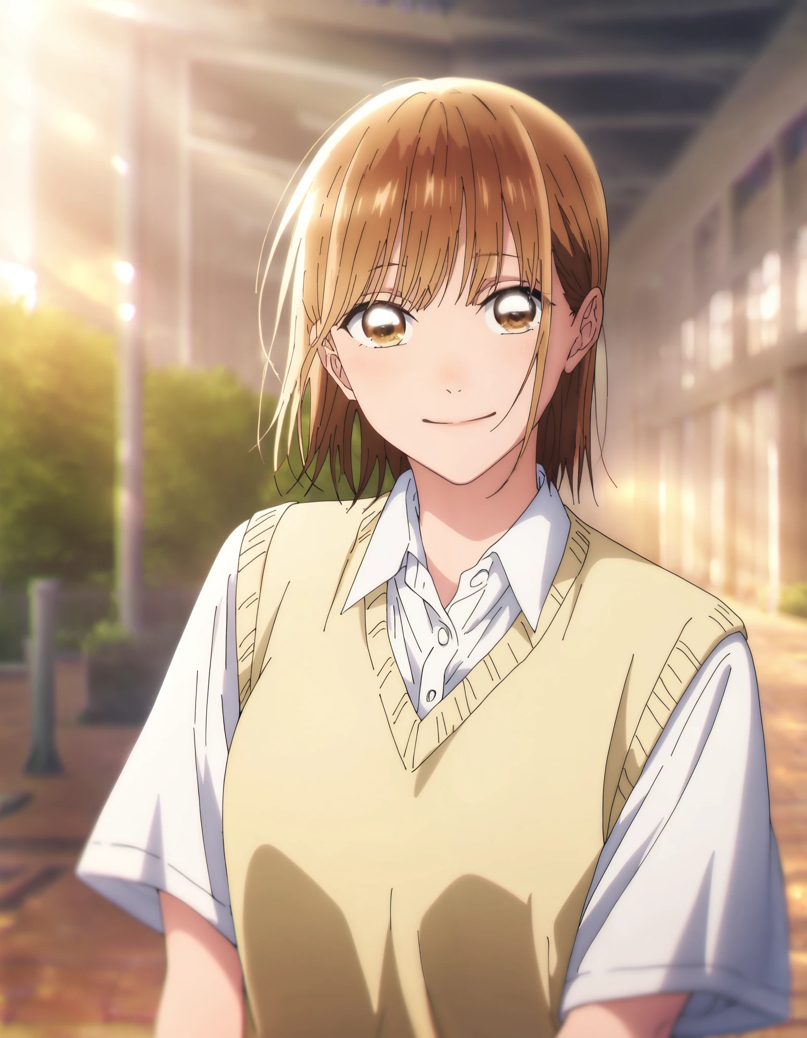 1 girl, alone, chinatsu , blurry background with sunlight, outdoor, school uniform, white shirt, collar shirt, Short sleeve, Yellow Sweater Vest , masterpiece, 最high quality, high quality, very beautiful, absurd, side, brown eyes, smile,