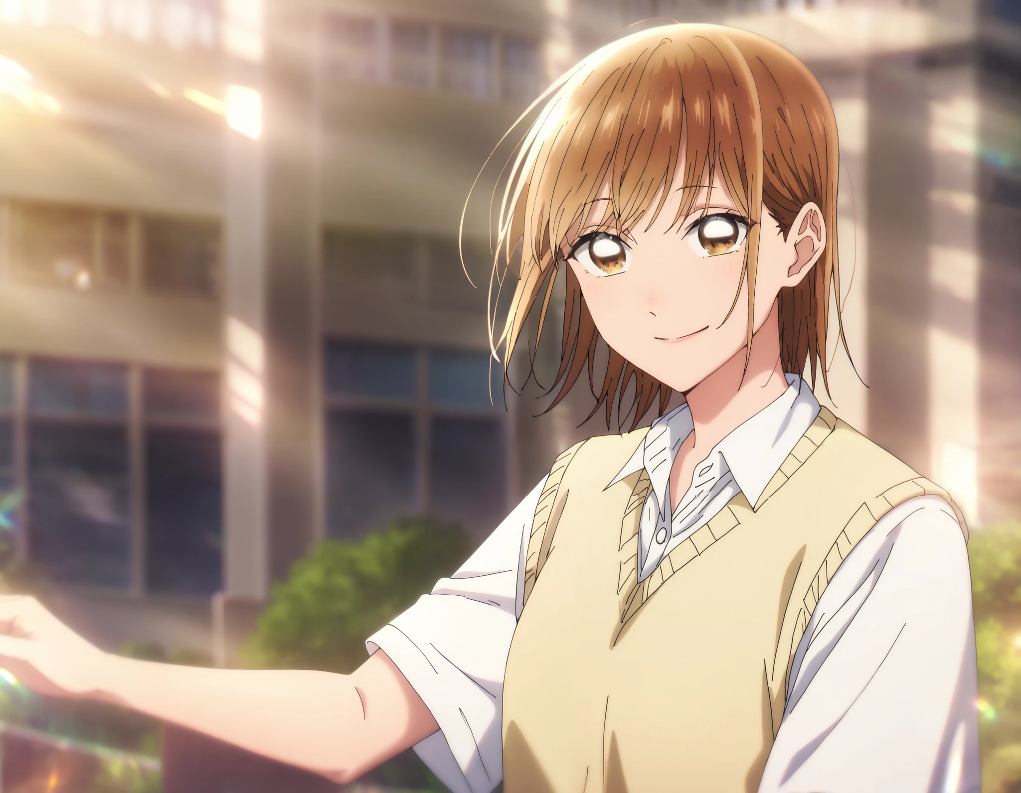 1 girl, alone, chinatsu , blurry background with sunlight, outdoor, school uniform, white shirt, collar shirt, Short sleeve, Yellow Sweater Vest , masterpiece, 最high quality, high quality, very beautiful, absurd, brown eyes, smile, in gold,
