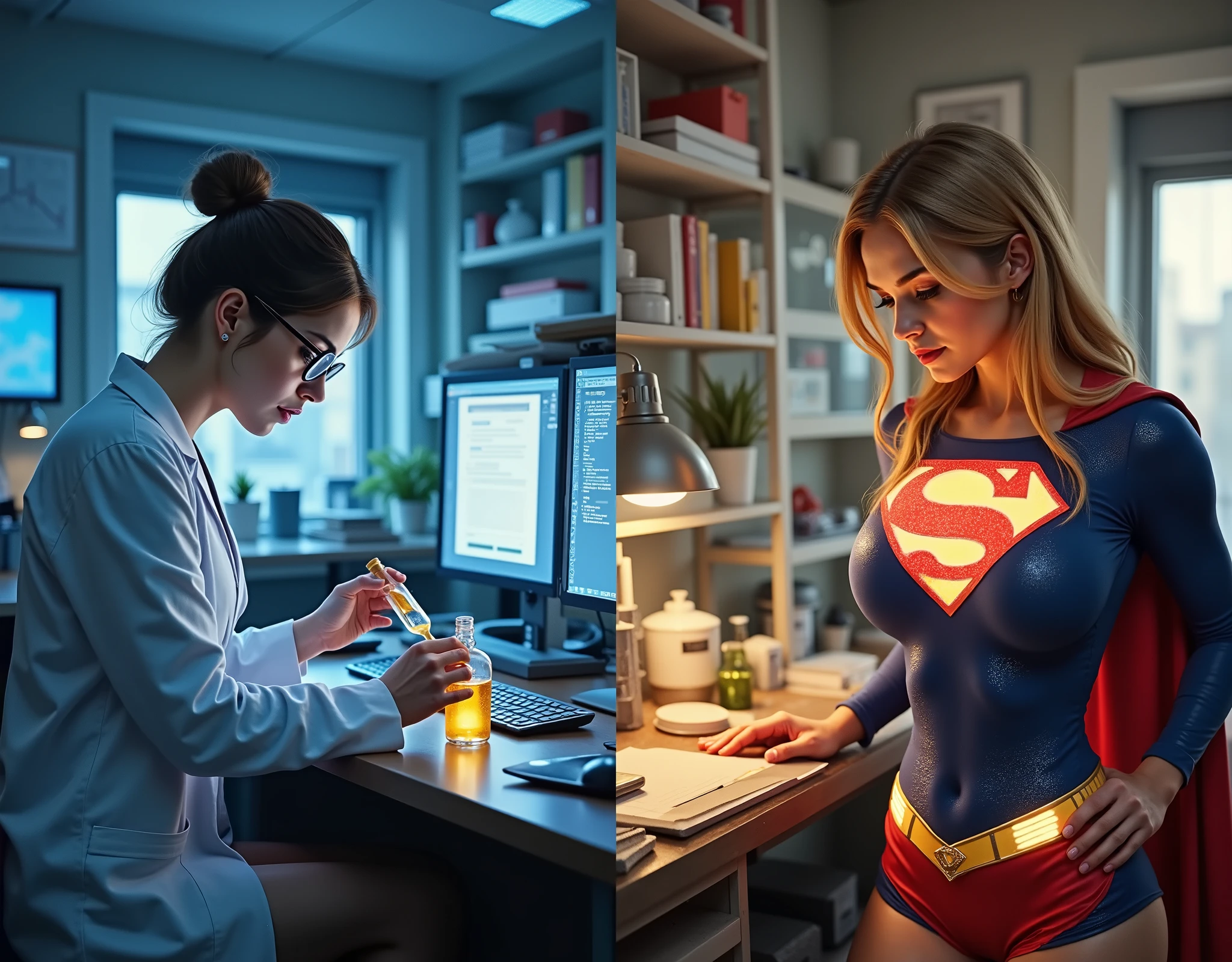 2 IMAGES (LEFT SIDE IMAGE 1: The Accident AND The Birth of Supergirl) Inside a high-tech, top-secret laboratory, a brilliant but socially awkward young scientist works tirelessly into the night, her blonde hair in a messy bun, glasses slipping down her nose as she leans over her cluttered workstation. The glow of neon monitors reflects off her light pale blue eyes, filled with intense curiosity and exhaustion. She wears a pristine white lab coat over a form-fitting blue bodysuit, the edges of a mysterious red cape barely visible beneath it. A glass vial filled with a luminescent golden serum rests in her shaky hands. drinks the entire serum. Her eyes widen in shock as her body tenses, veins illuminating with pulsing golden energy. The room blurs. Every cell in her body ignites. (RIGHT SIDE IMAGE 2: The Metamorphosis) Her legs buckle, forcing her to lean against the lab desk for support. A hot wave of pure energy surges through her veins, causing her Supergirl costume to stretch and tighten across her body. Her once-slender arms swell with newfound strength, fabric pulling taut against biceps that weren’t there before. Her hips widen, thighs thickening into sculpted perfection as she moans in a mix of pleasure and pain, feeling her bones stretch and shift. Her breasts press against the straining fabric, the familiar “S” emblem on her chest now fully formed, glowing with unstoppable power. She gasps, gripping the desk as her muscles pulse, tightening with supernatural density. Her hair unravels from its bun, cascading in golden waves down her back, shining like spun sunlight. Her glasses slip off, falling forgotten to the floor as her once-nerdy, fragile features sharpen into a breathtaking goddess of strength and beauty.
