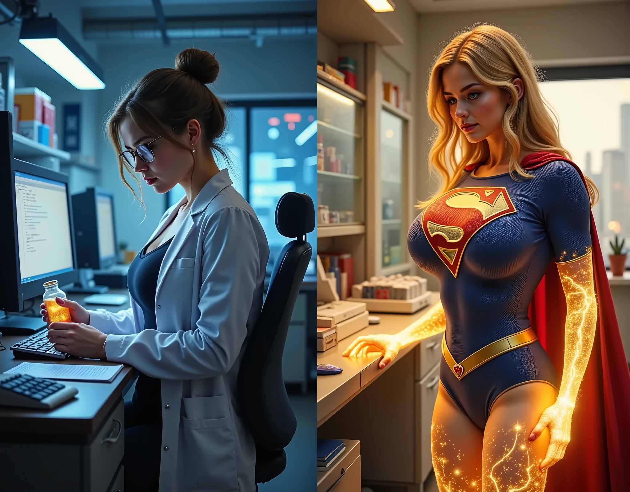 2 IMAGES (LEFT SIDE IMAGE 1: The Accident AND The Birth of Supergirl) Inside a high-tech, top-secret laboratory, a brilliant but socially awkward young scientist works tirelessly into the night, her blonde hair in a messy bun, glasses slipping down her nose as she leans over her cluttered workstation. The glow of neon monitors reflects off her light pale blue eyes, filled with intense curiosity and exhaustion. She wears a pristine white lab coat over a form-fitting blue bodysuit, the edges of a mysterious red cape barely visible beneath it. A glass vial filled with a luminescent golden serum rests in her shaky hands. drinks the entire serum. Her eyes widen in shock as her body tenses, veins illuminating with pulsing golden energy. The room blurs. Every cell in her body ignites. (RIGHT SIDE IMAGE 2: The Metamorphosis) Her legs buckle, forcing her to lean against the lab desk for support. A hot wave of pure energy surges through her veins, causing her Supergirl costume to stretch and tighten across her body. Her once-slender arms swell with newfound strength, fabric pulling taut against biceps that weren’t there before. Her hips widen, thighs thickening into sculpted perfection as she moans in a mix of pleasure and pain, feeling her bones stretch and shift. Her breasts press against the straining fabric, the familiar “S” emblem on her chest now fully formed, glowing with unstoppable power. She gasps, gripping the desk as her muscles pulse, tightening with supernatural density. Her hair unravels from its bun, cascading in golden waves down her back, shining like spun sunlight. Her glasses slip off, falling forgotten to the floor as her once-nerdy, fragile features sharpen into a breathtaking goddess of strength and beauty.