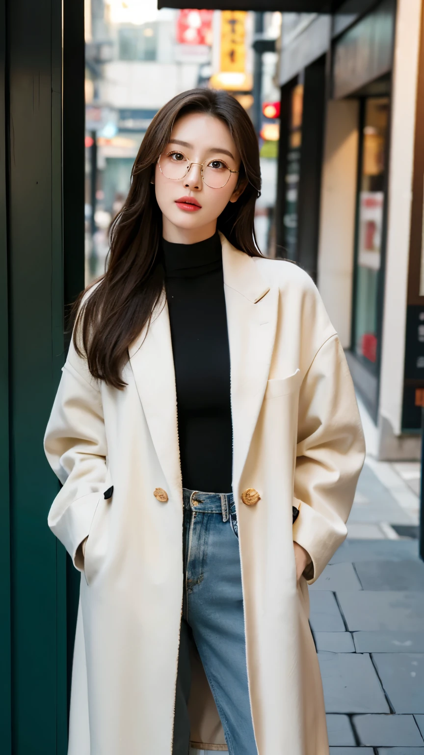 A stunning Russian-Asian model stands outside a rustic café, bathed in soft white light that accentuates her porcelain skin. She wears a light-brown oversized jacket over a crisp white high-neck knitted and modern Korean-inspired suit, her cascading brown hair framing her face. Modern Korean glasses sit atop her nose, and she holds a Starbucks coffee cup with confidence. The weathered dark green café doors, provide a charming backdrop. Cozy café light contrasts with the cool-toned alleyway, where subtle shadows dance across her features as she stands confidently amidst the winter scenery of Seoul.