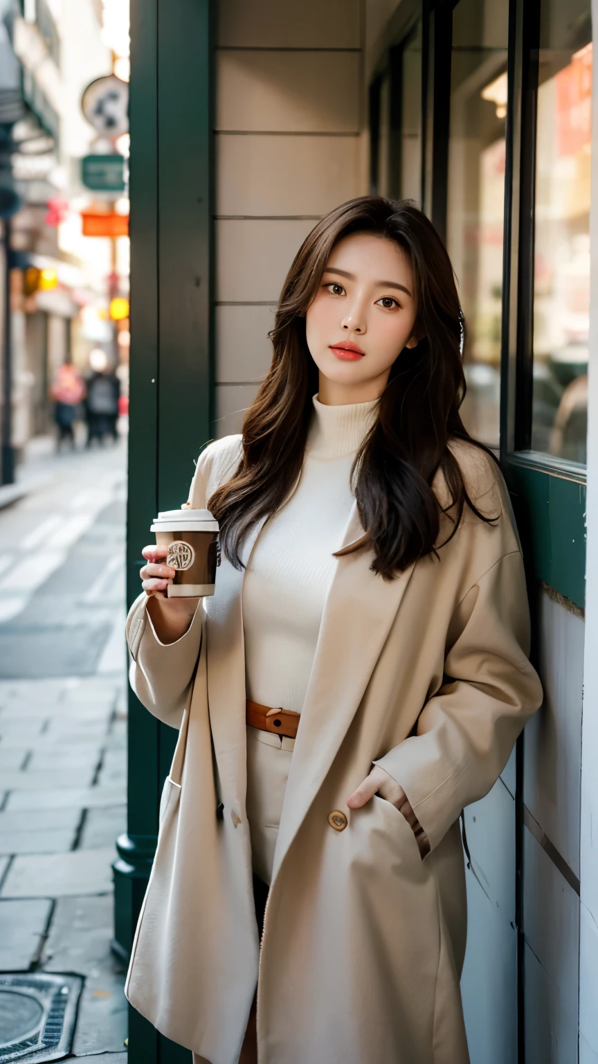 A stunning Russian-Asian model stands outside a rustic café, bathed in soft white light that accentuates her porcelain skin. She wears a light-brown oversized jacket over a crisp white high-neck knitted and modern Korean-inspired suit, her cascading brown hair framing her face. Modern Korean glasses sit atop her nose, and she holds a Starbucks coffee cup with confidence. The weathered dark green café doors, provide a charming backdrop. Cozy café light contrasts with the cool-toned alleyway, where subtle shadows dance across her features as she stands confidently amidst the winter scenery of Seoul.