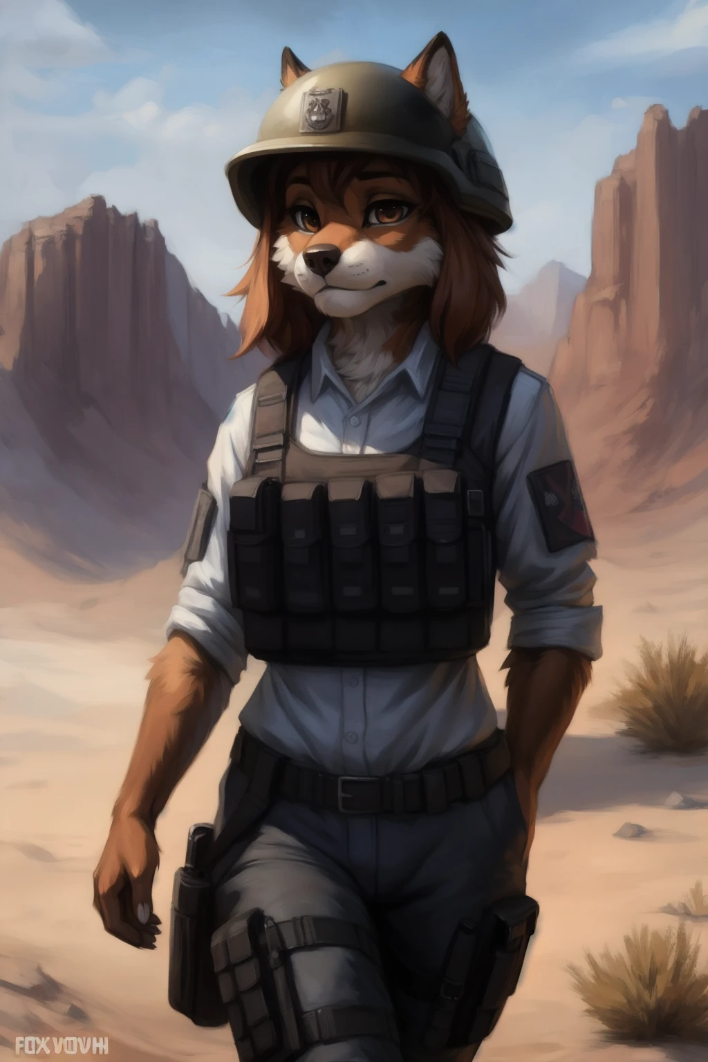foxfolk, primarily dark orange ff7f00 fur, secondary dusty white fur, black fur hands, foxhumanoid, female foxfolk, leather torn overcoat, coat badly torn, bandolier slung under coat, pistol holsters slung low on hip, mesa background, desert background, large red neck scarf, arms crossed under chest, looking at camera, gunslinger, cowgirl, outlaw, drifter, smug expression, tight bluejeans, bullets lining belts, tight buttoned white shirt, tight dark red brown leather vest