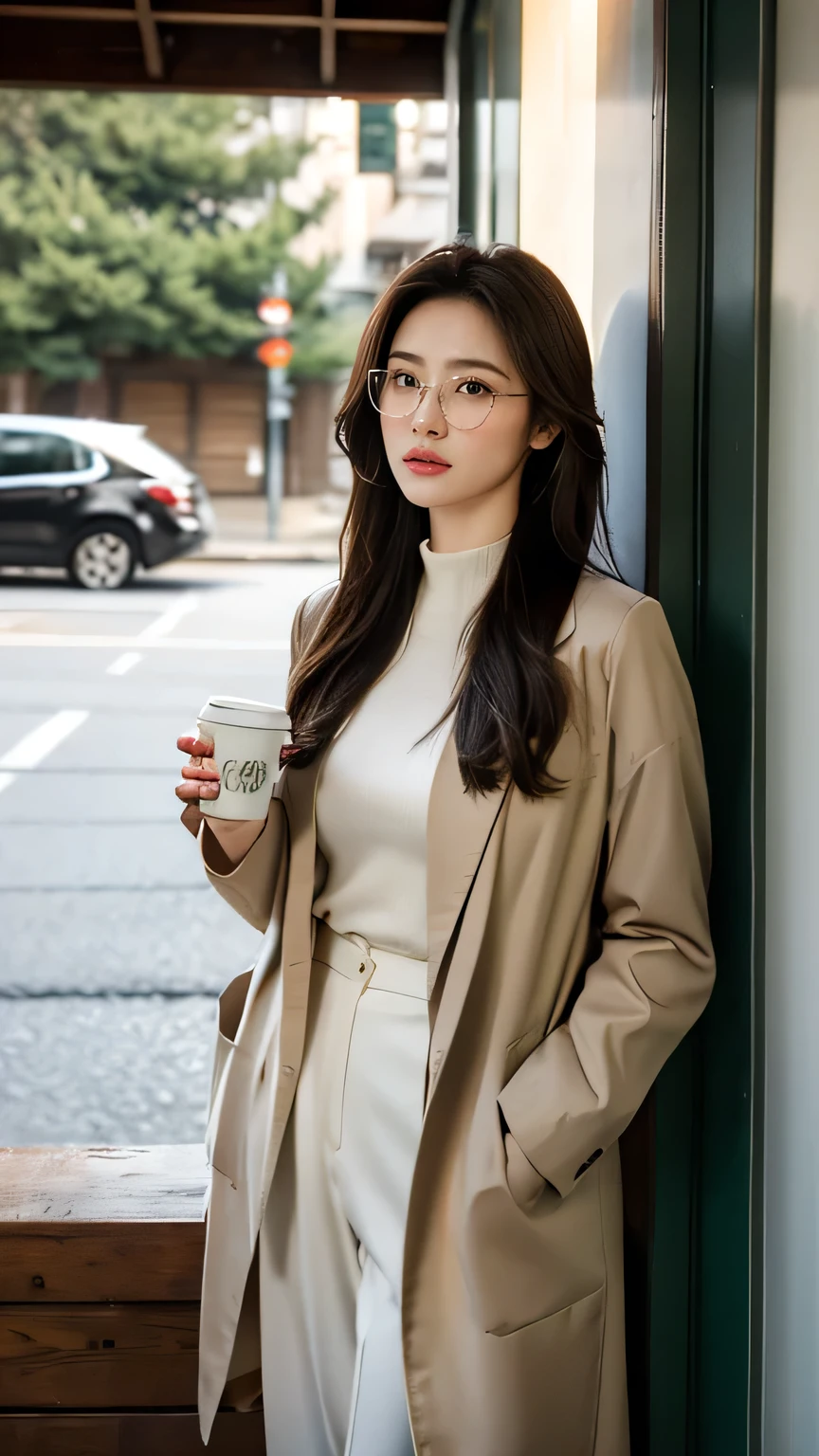 A stunning Russian-Asian model stands outside a rustic café, bathed in soft white light that accentuates her porcelain skin. She wears a light-brown oversized jacket over a crisp white high-neck knitted and modern Korean-inspired suit, her cascading brown hair framing her face. Modern Korean glasses sit atop her nose, and she holds a Starbucks coffee cup with confidence. The weathered dark green café doors, provide a charming backdrop. Cozy café light contrasts with the cool-toned alleyway, where subtle shadows dance across her features as she stands confidently amidst the winter scenery of Seoul.