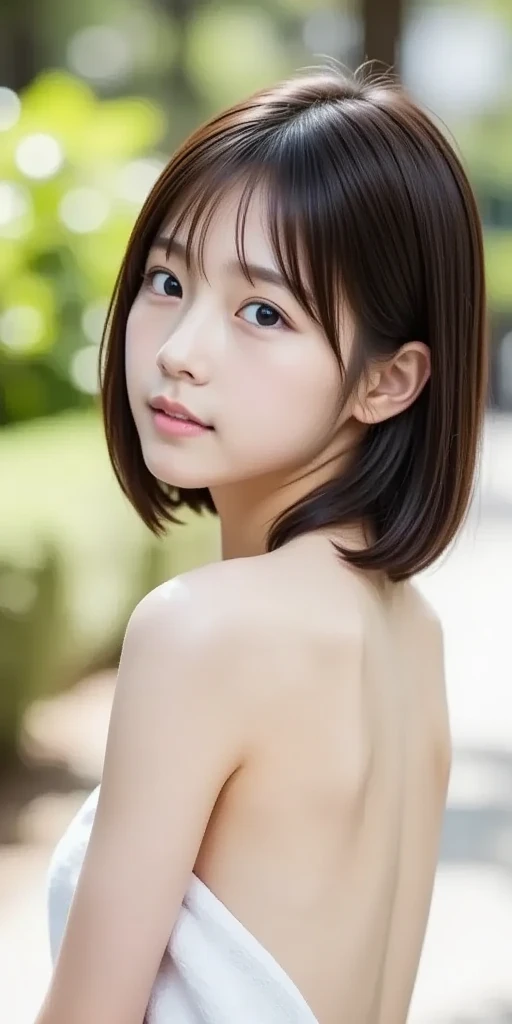lens: 135mm f1.8,(Highest quality),(Tabletop:1.1), (Beautiful 15 year old Japanese girl), (Moist lips), Narrow eyes, double eyelid,Delicate clavicle,Flat Chest,Shortcuts,
(Let me'Let's take another look), (close:1.4), shame, A faint smile,
(Spotted sunlight:1.2), Dramatic lighting,
(Completely naked), (Sunburned skin:0.2),Full body photo、Full Body Focus