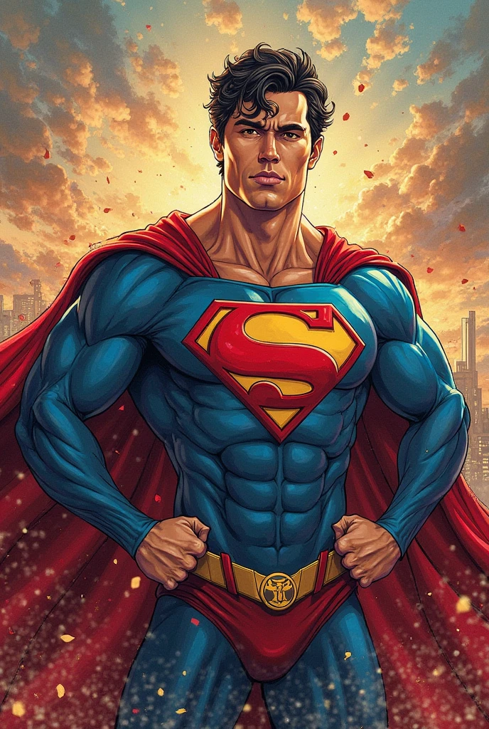 Create a poster with the following sentence "hombres, extraordinary and irresistible beings, full of purpose to face. its nature is to provide security and to be a guide. !Happy Day!" The background can be a superhero theme.