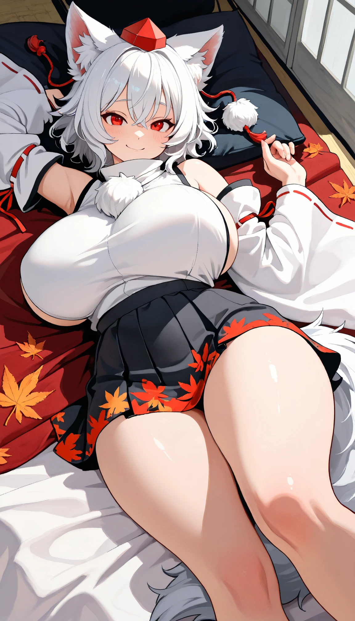 One Girl cute Inubashiri Momiji Petite breasts are slightly larger The legs are thin. The background is inside the autumn forest in Japan (((Clothing))) Lying on your back Place your hands behind your head. Embarrassed face