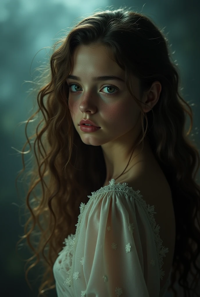 a 16 year old girl in a blue dress, wavy brown hair, blue eyes, dark atmosphere 