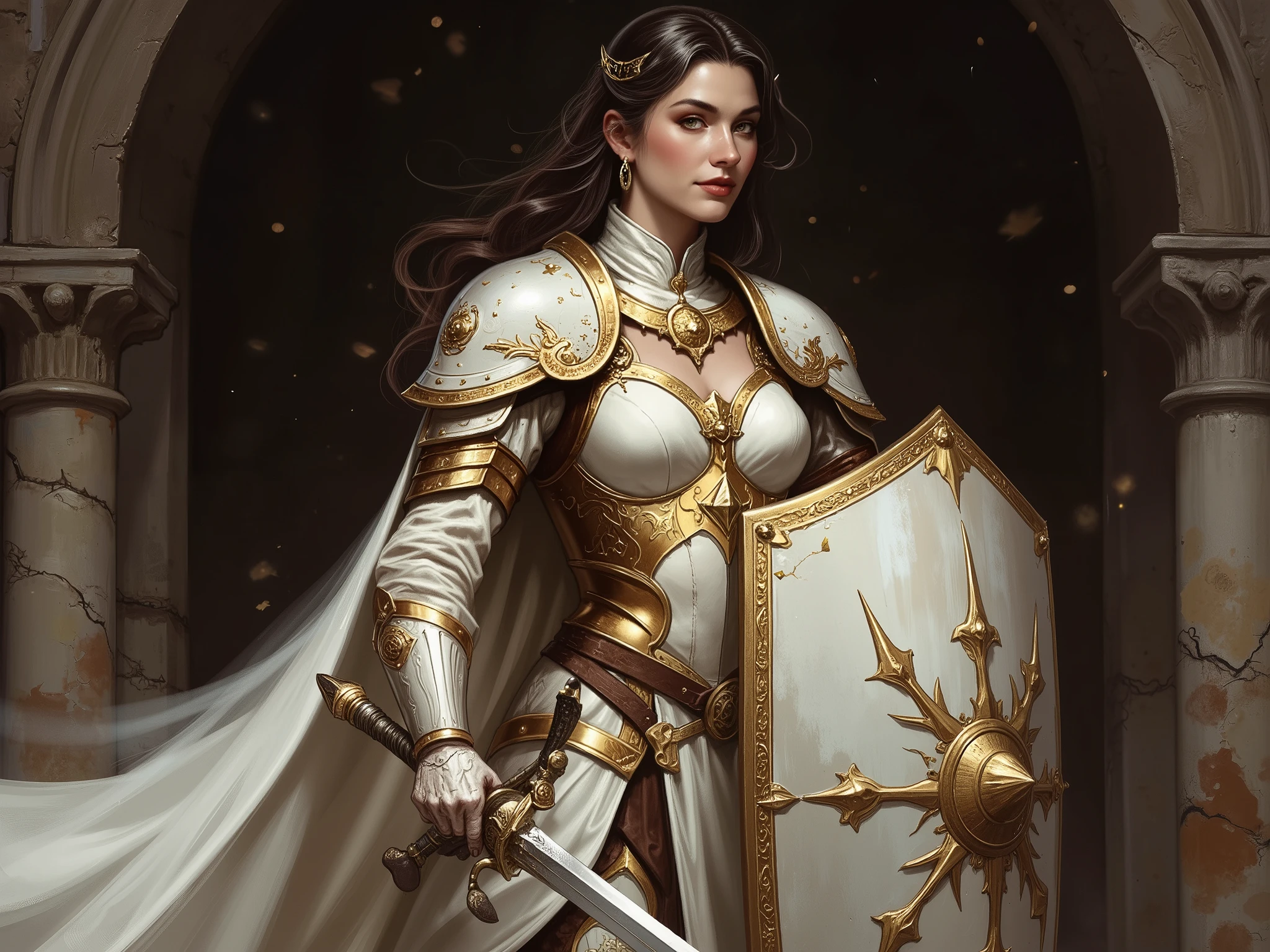 Female warrior, (ethnicity:1.2), (age:20), in ornate white and gold armor, (detailed clothing:1.2), (accessories:1.1), holding a sword and shield, (facial features:1.3), (expression:1.2), (body type:1.1), (pose:1.2), facing left, slightly downward, (position in frame: center), (orientation: three-quarter view), detailed ornate patterns on armor pieces, (detailed skin texture:1.2), sword and shield detailed in gold accents, (detailed armor details: 1.2), with a flowing white cape, mid-shot, rich golden and white color palette, (lighting:1.2), photorealistic, fantasy style, digital art, high detail, intricate details, composition balanced, background of a shadowed, arched chamber, medieval-inspired armor, holding a large shield, (sharp focus:1.3), 8k resolution.