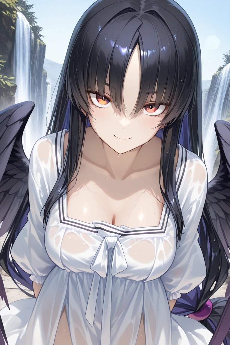Wild Young Black Harpy Black Hair Black Wings Blue Eyes Gothic Sleep Pure Belt on torso whole body Character portrait ((dark skin)) serious Dark atmosphere Black waistband (TV anime image format) (TV anime screenshots) Nipples nipple nipple small breasts Hands touching breasts Breasts being massaged