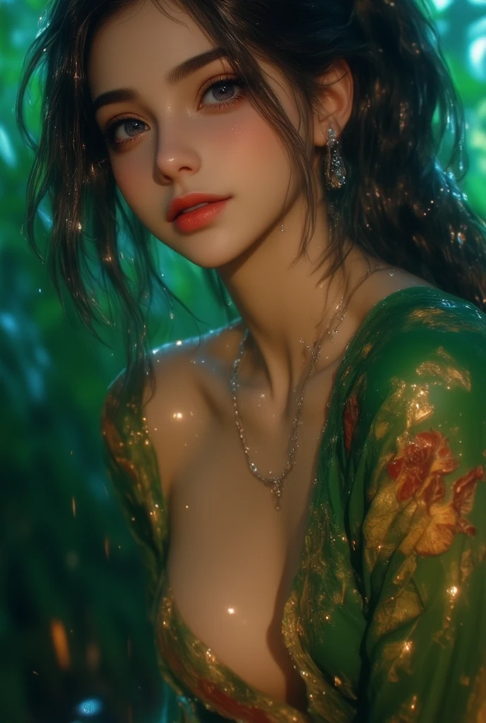 8K, Top Quality, Intricate Details, Ultra Detail, Ultra High Resolution, Masterpiece, close up shot, (full body: 1.1), (()), Slender, Smile, (Makeup: 0.4), ), (Fluffy Eyes: 1.21), (((()))), 1girl, solo, 1 girl, ((green hair, , bangs, (long hair), (high ponytail), , purple eyes,)), close up shot, , ((tall)), (((fit body))), (((slim face))), sharp face, (( naked)) (detailed face), sharp face, small lips, (( walk pose, walking pose)),
((, in the rain, shimmering skin, she's soaking wet, (her hair is (dripping wet:1.2), long wet hair, Her wet drenched hair, wet hair, water on the body )), , ((,)), detailed face, detailed breast, , ((large breast, huge breast)), detail ass, Narrow Waist, Skinny, slim tall , 195 cm tall, Muscular, Navel, Exposed Abdomen, Pointed Chest,, Beautiful girl with accentuated slender abs: 1.4, Six Pack Abs: 1.4, Bust Botox, Big, Perfect Body, detail leg, (( dark background)), black background,