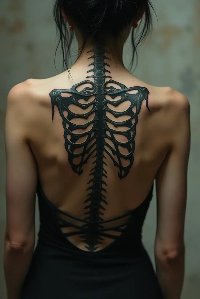 Please create a picture of a tattoo. The tattoo is supposed to be an arm made of bones, also ein Arm eines Skeleton, Depict the skeleton of an arm. The tattoo should be placed on the back of a woman, the arm should run along the middle of the spine from the waist up to the neck and the hand should hug the neck