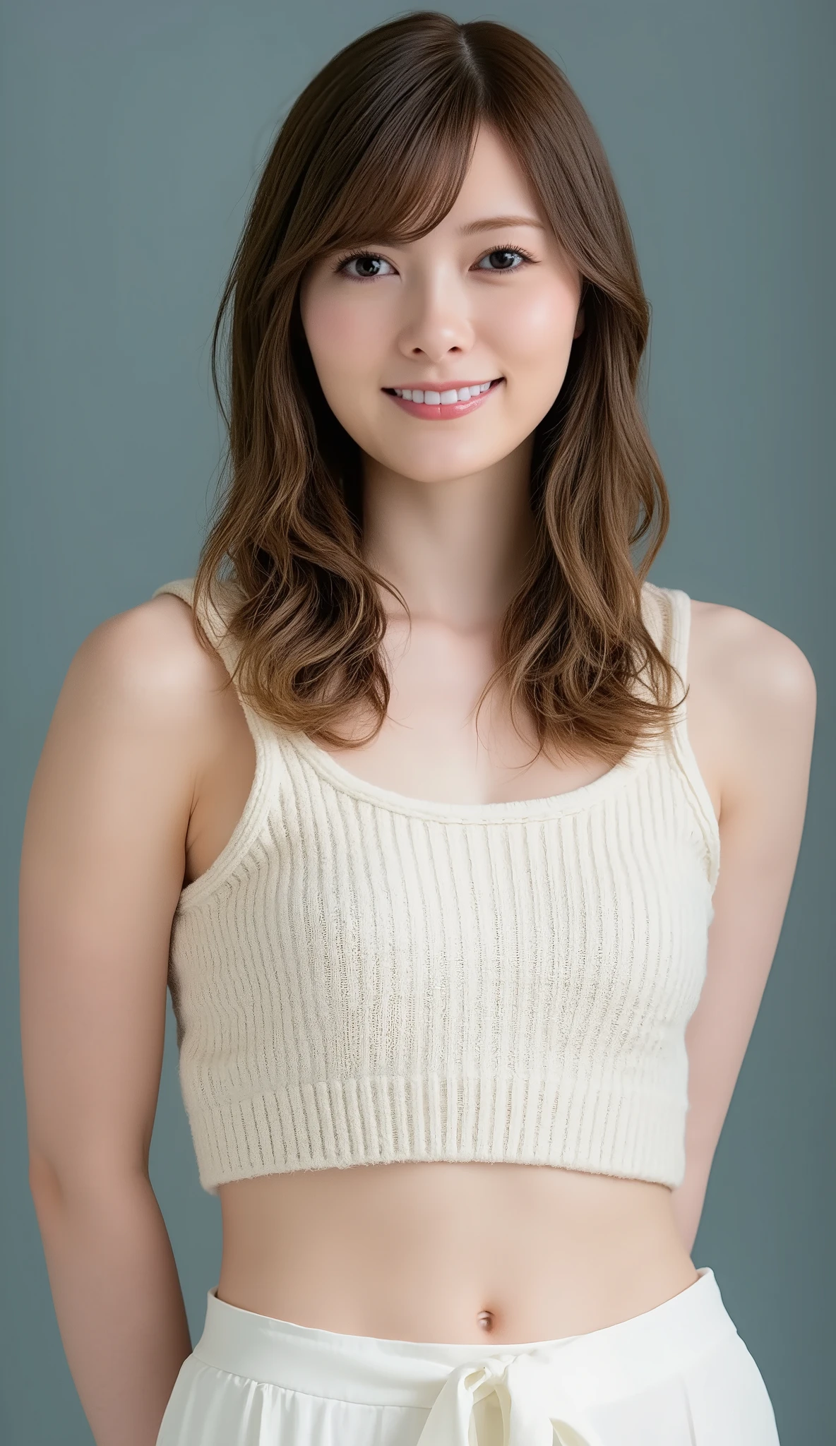 best quality, 8k, masterpiece, Ultra High Resolution, (photorealistic: 1.4), RAW photo, ( brown hair 、Bright and long hair ), (wearing knit strap tanktop), (Tied at the waist:1.3), slim abs: 1.1, (((Standing leaning forward in the classroom、open your legs ))),((large breasts:1.4)), solo, ((full body:1.4))