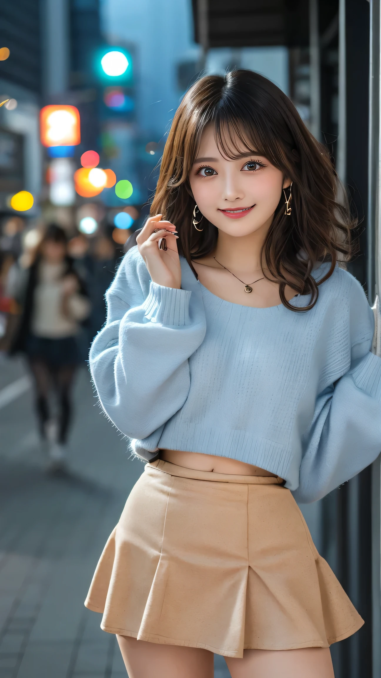 Ulchan-6500-v1.1, ( RAW photos :1.2), (Photorealistic),  beautiful girl with great attention to detail , very detailed目と顔, Beautiful and big eyes, large file size, high definition, very detailed, top quality, [masterpiece:1.6], Awareness-raising, very detailed, CG, finely, top quality,  8k, movie light, 8 heads like a model、 Feminine sexy figure 、beautiful curvy、 beautiful smile like an angel 、Cute gestures、beautiful single big eyes、 iris、Natural eyebrows、natural-colored lips without getting wet、medium curly hair that looks fluffy and soft、Beautiful Necklace、Cute Earrings、(Shibuya cute fashion:1.2)、(Cheerful Poses:1.4)、(cute mini skirt:1.6)、WHITE BRAND SNEAKERS、 outdoor lighting 