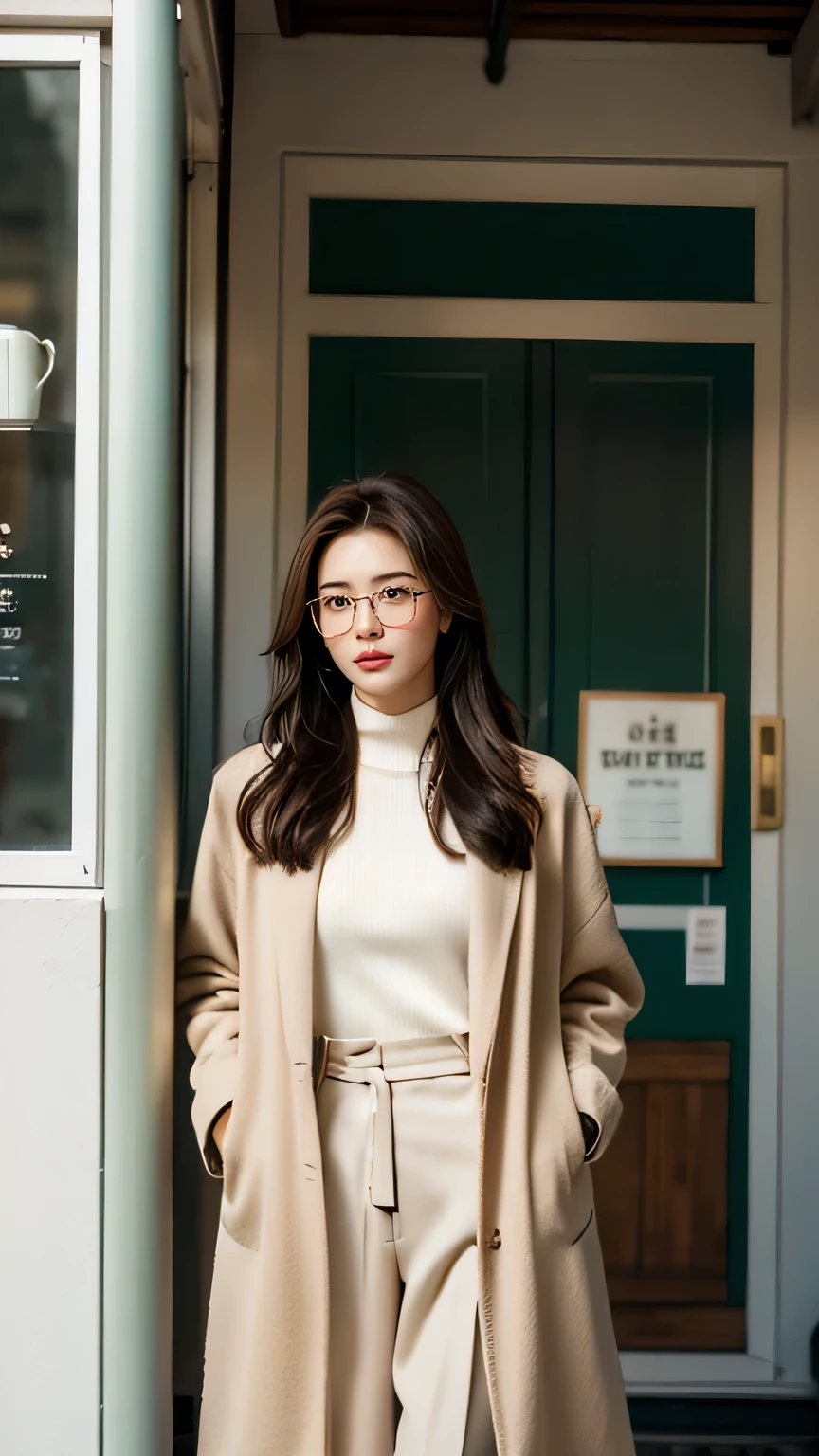 A stunning Russian-Asian model stands outside a rustic café, bathed in soft white light that accentuates her porcelain skin. She wears a light-brown oversized jacket over a crisp white high-neck knitted and modern Korean-inspired suit, her cascading brown hair framing her face. Modern Korean glasses sit atop her nose, and she holds a Starbucks coffee cup with confidence. The weathered dark green café doors, provide a charming backdrop. Cozy café light contrasts with the cool-toned alleyway, where subtle shadows dance across her features as she stands confidently amidst the winter scenery of Seoul.