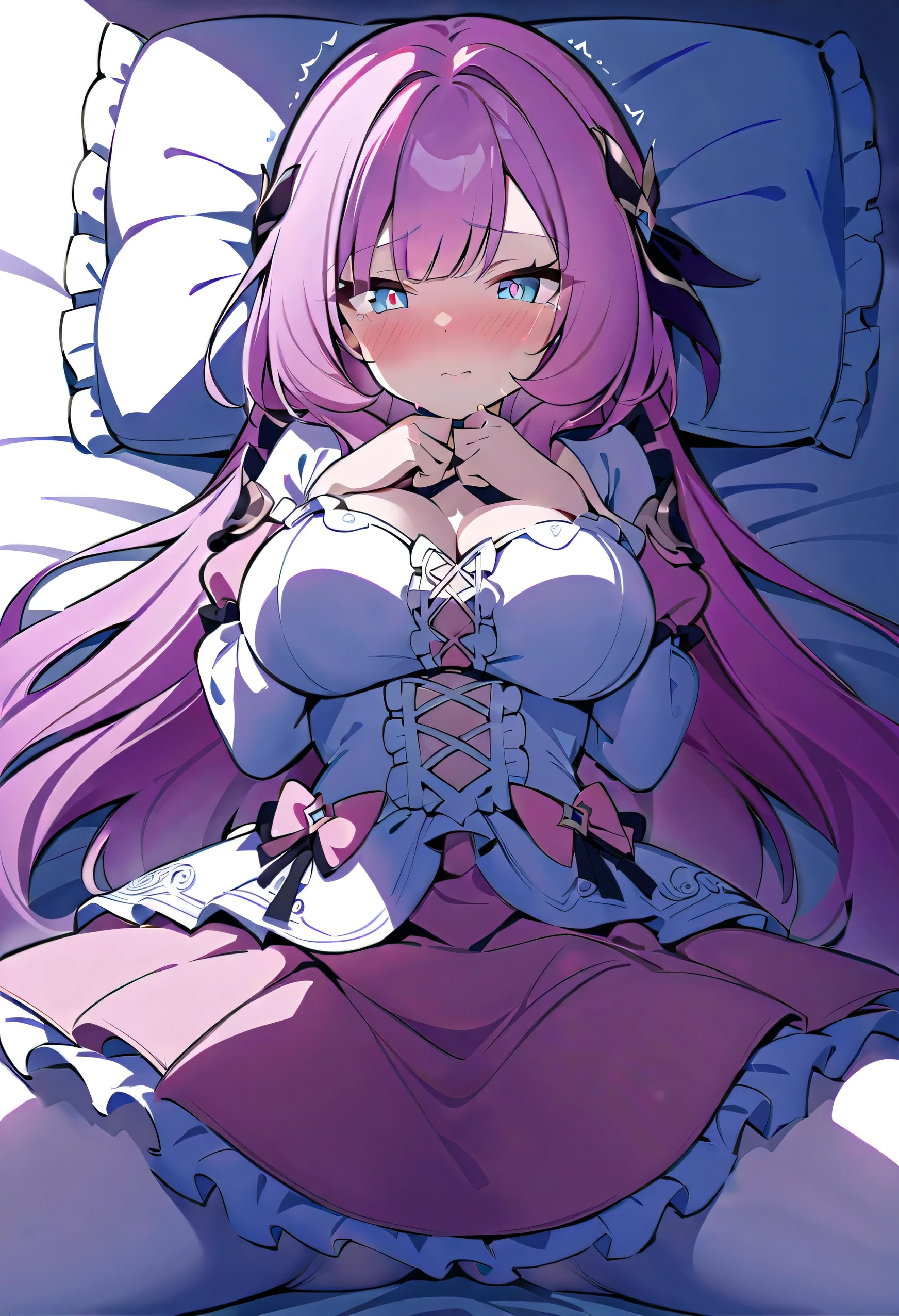 (Moe anime art style:1.2), (masterpiece), (((Highest quality))), (((Ultra-high resolution))), (8K), (Very detailed), cute, Very cute, (((One Girl))), (18 years old), ((full body)), (((looking at viewer, from front, lying, on back, on the bed))), (((Delicate and beautiful face, Beautiful Eyes))), (((Pink Hair, Fluffy ponytail, Curly Hair, Expressive hair, very voluminous long hair))), ((Dark pink satin material)), ((Dense lace, Long train, Lots of frills)), (((Full-length hoop skirt, Beautiful and luxurious Rococo Victorian ball gown dress))), (Big Breasts),