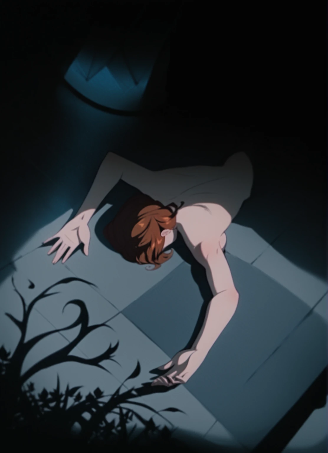 a skeleton butler, wearing a female toothpick, in a bowing pose, in a large gray room with light fixtures