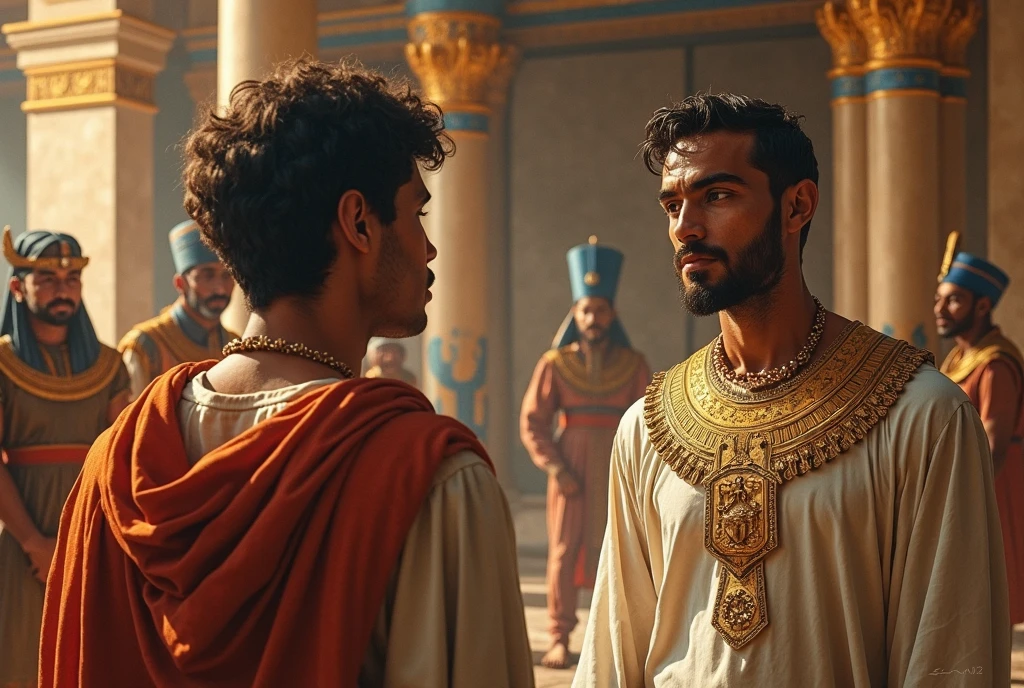 a close up of a man in a turban talking to a man in a turban, scene from dune 2 0 2 1 movie, ancient kings in white robes, film still from dune 2020, cutscene footage, scene from live action movie, ps5 cinematic screen capture, pharoah, video game cutscene, still from a live action movie, pharaoh clothes